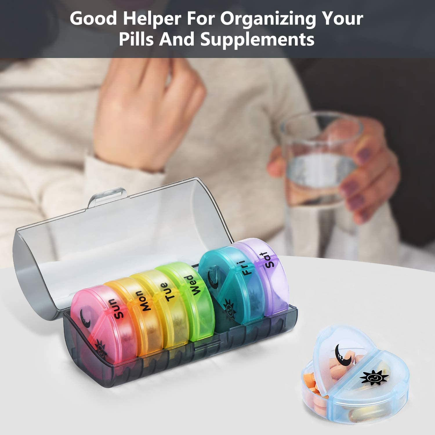 Weekly Pill Organizer, round Pill Box 2 Times a Day, Travel Medicine Organizer, Large Box for Travel, Medicine Organiser image number 4