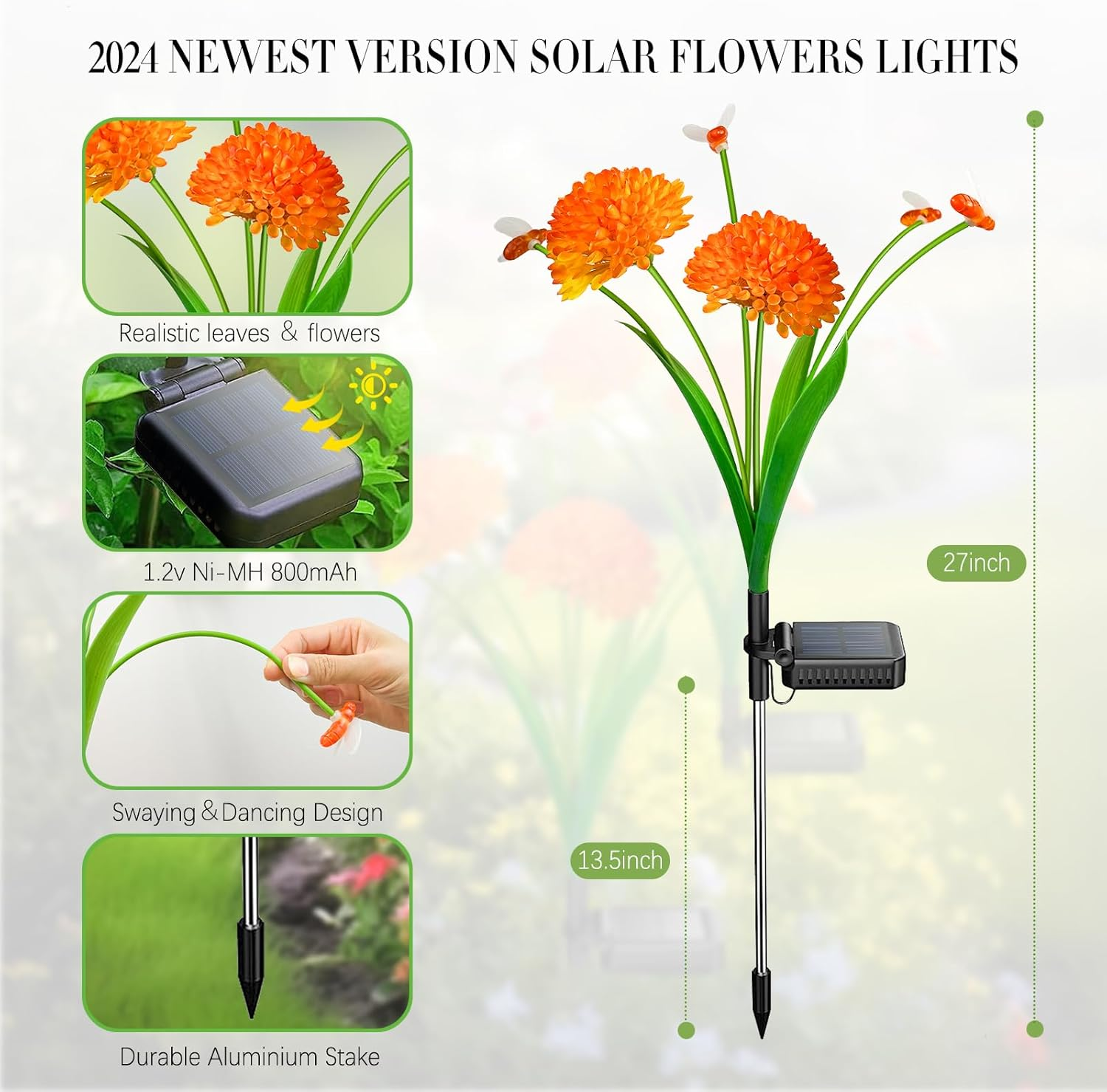 Solar Garden Lights, Newest 4 Pack Solar Swaying Bee Lights with Flowers, Waterproof Solar Firefly Lights Outdoor for Garden Patio Yard Pathway Decoration, Gifts for Women Mother'S Day image number 1