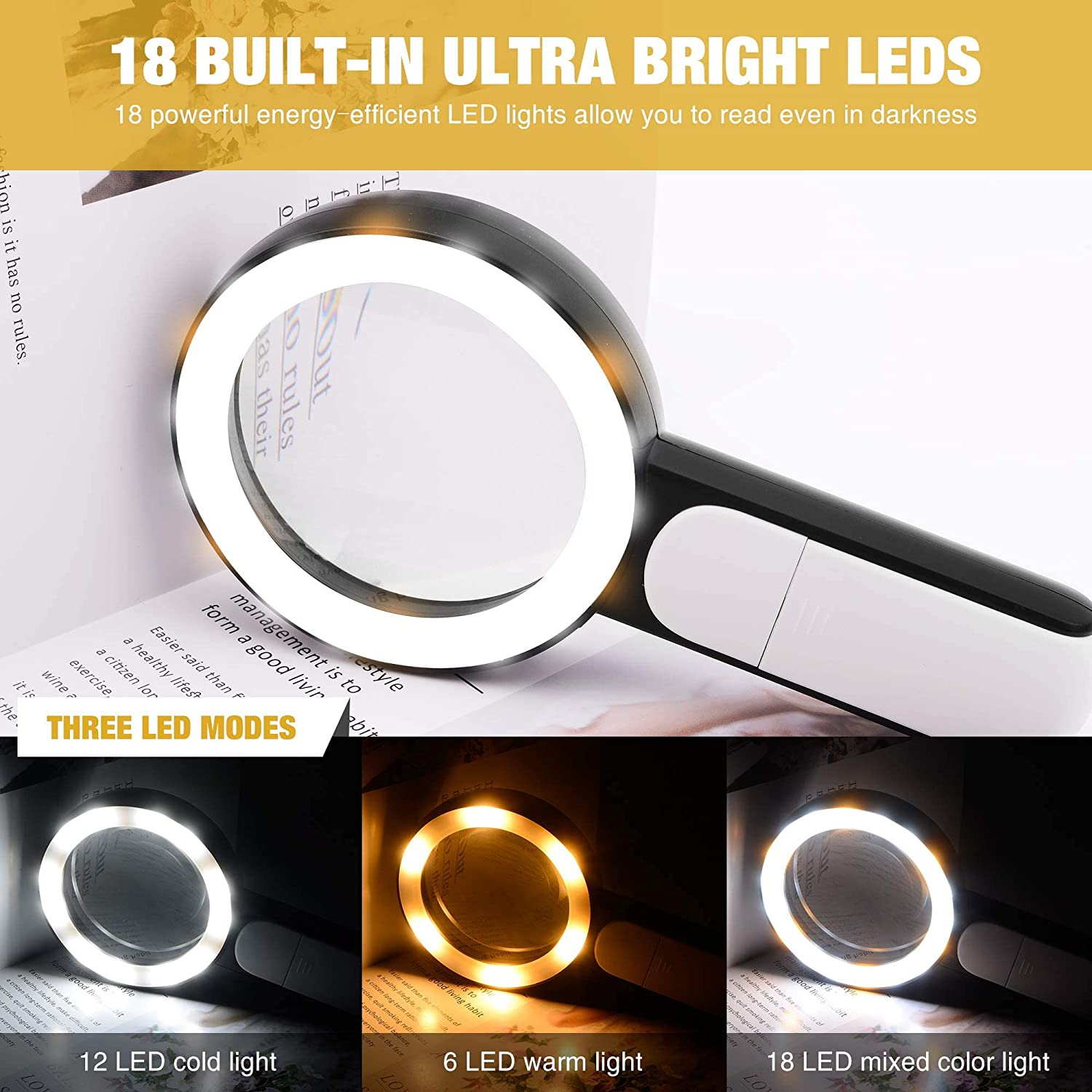 30X Magnifying Glass with 18LED Light, 80Mm Handheld Large Magnifying Glass Cold & Warm Light 3 Modes, Illuminated Lighted Magnifier for Seniors Kids Reading, Inspection, Coins (Lens Cloth Included) image number 2