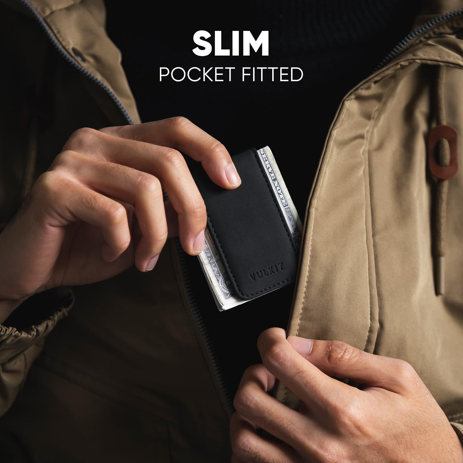 VULKIT Slim Magnetic Money Clip Leather Credit Business Card Holder Bills Holder, Strong Magnet Holds 15 X Folded Bank Notes, Black, One Size, Minimalist, VMC101 image number 2