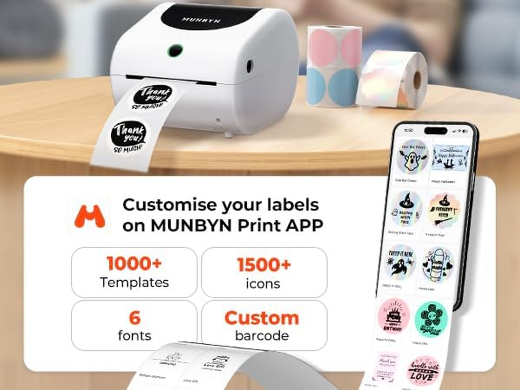 MUNBYN Shipping Label Printer 411B, 4X6 Bluetooth Thermal Label Printer with Internal Label Storage for Shipping Packages or Small Business, Compatible with Iphone, Android, Ipad, Windows, Macos