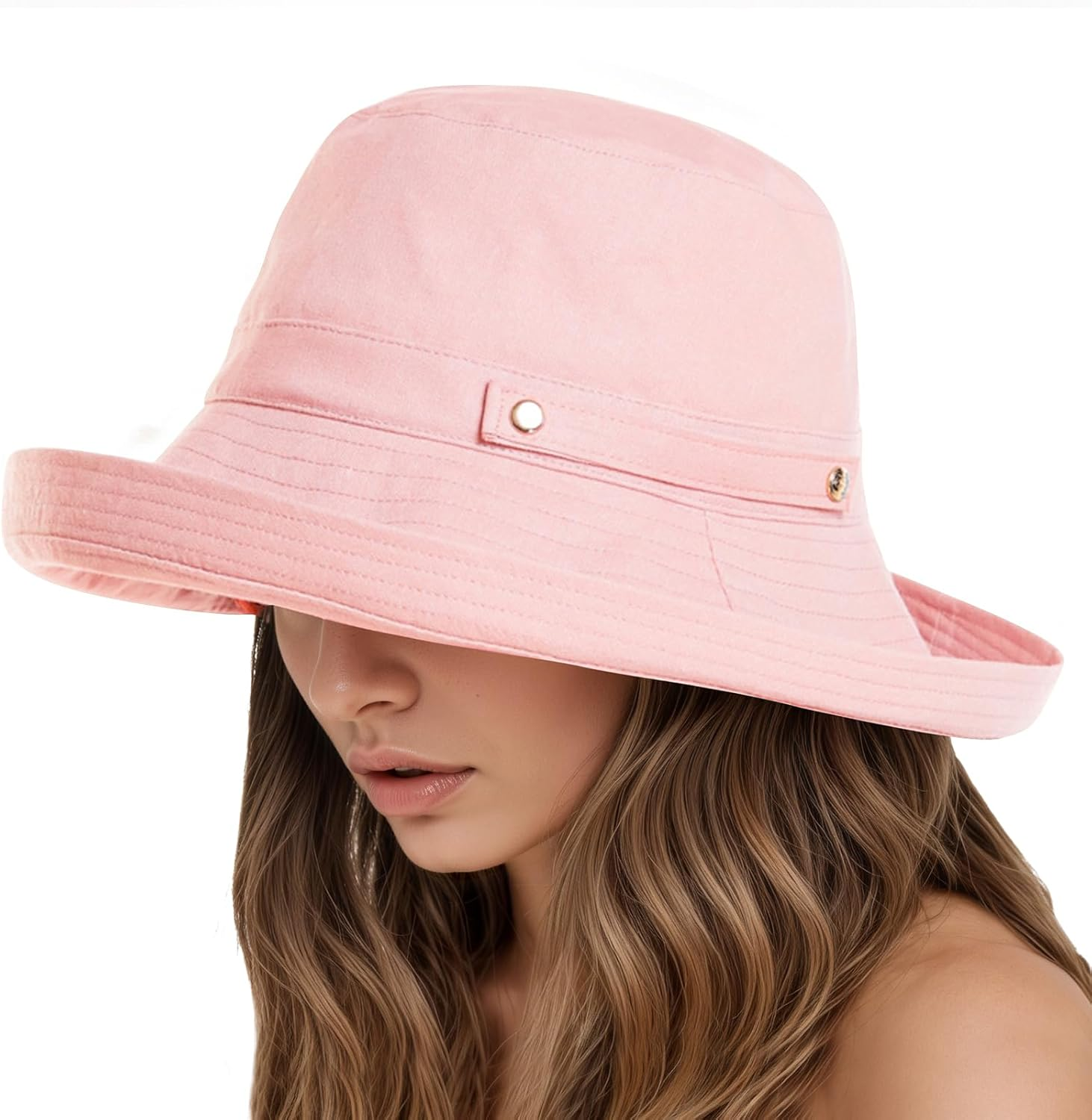 KEOYA Women'S Cotton Linen Bucket Hat Wide Brim Sun Hat with SPF50+ Adjustable Button Detachable Windproof Chin Strap