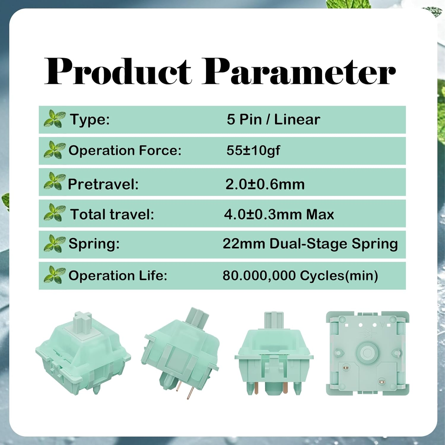 Gateron Mint Switches for Gaming Mechanical Keyboard,5 Pin 55Gf Dual-Stage Spring Pre-Lubed Linear Switches for Gaming and Office(Plugin,45Pcs) image number 3