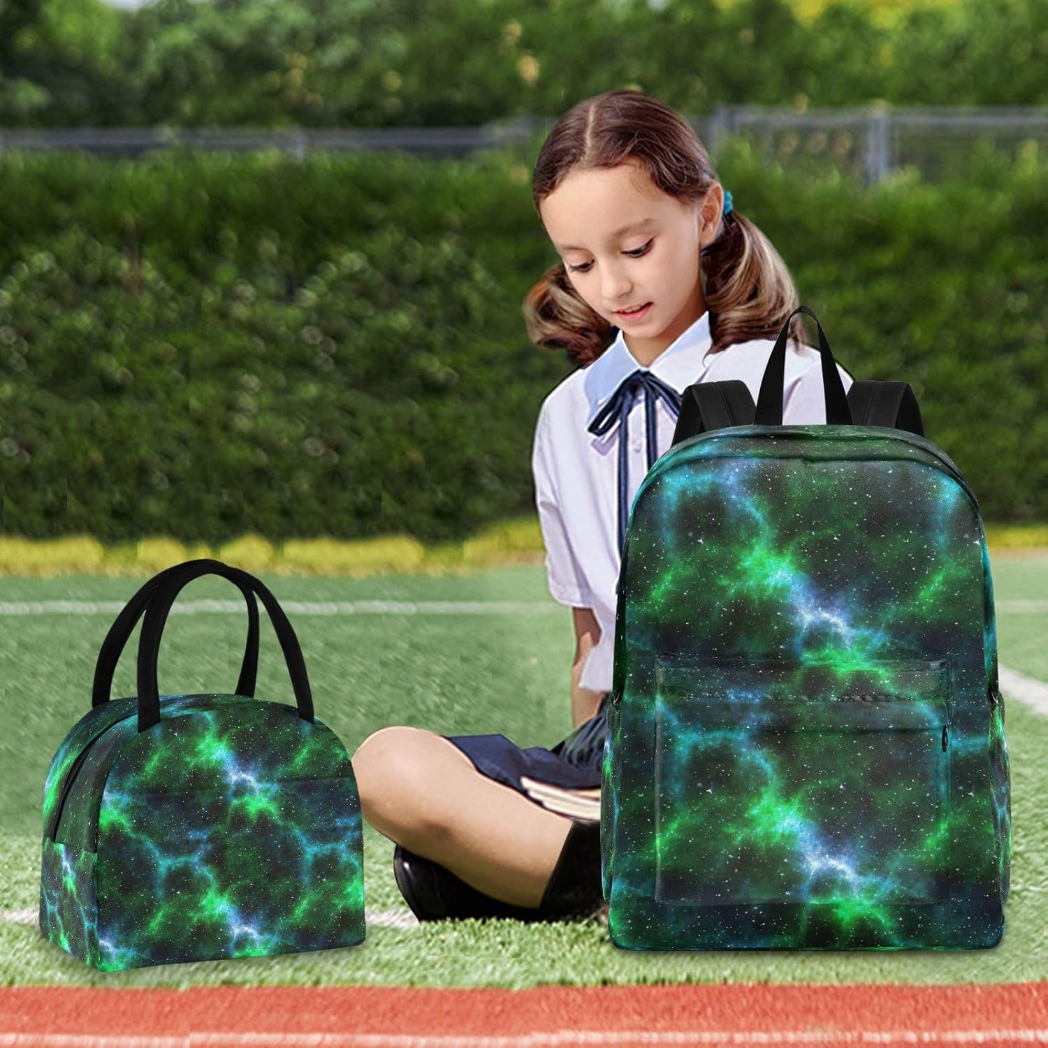 RPLIFE Kids Backpack Set, Cosmic Nebula Green School Backpack with Lunch Box, Back Packs Elementary Boys image number 5