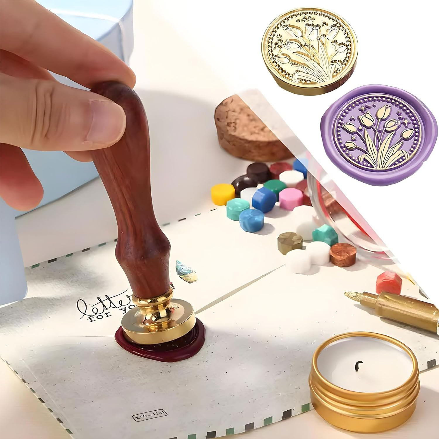 Mytoau12Pcs Wax Seal Stamp Set,12 Styles Sealing Wax Stamp Heads & 1 Pcs Brown Wooden Handle,Vintage Brass Head Sealing Stampers Various Patterns for Envelopes Invitations Cards Gifts Decoration image number 3