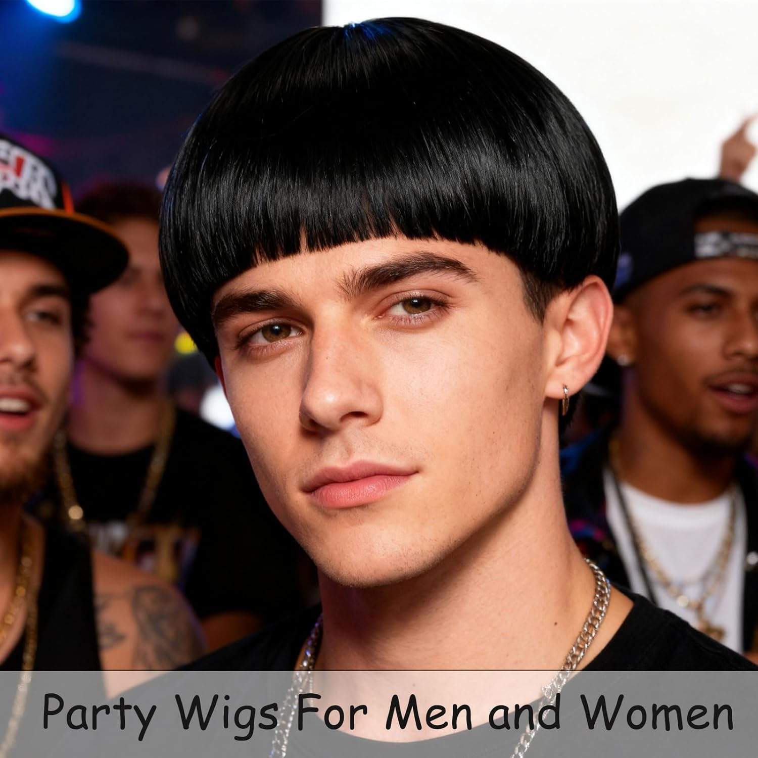 FOUNSHO Short Black Straight Wig for Men Women, Short Mushroom Wig with Full Bang Funny Bowl Cut Hairstyle, Men'S 60S 70S 80S Hair Costume Movie Role Play Fancy Dress Cosplay Party Halloween (Black)