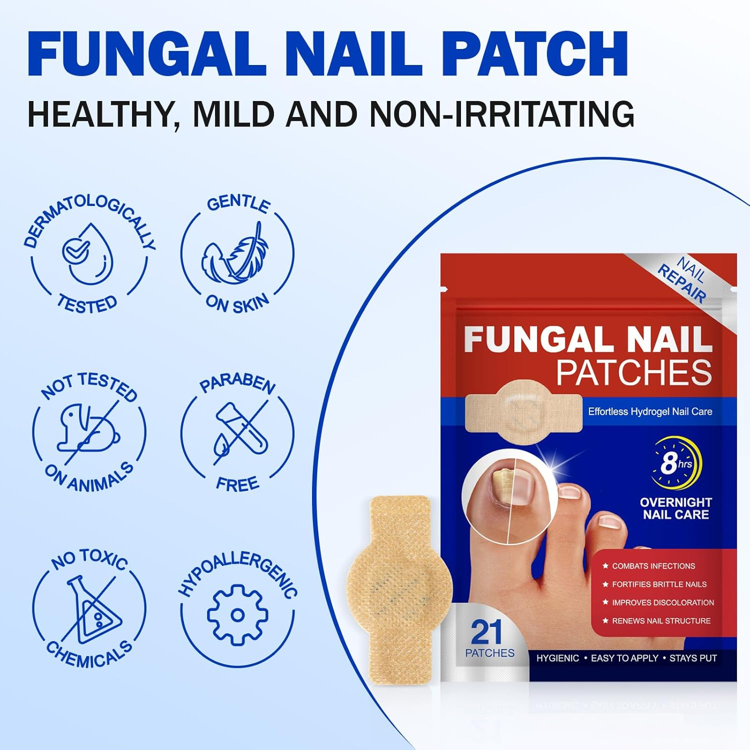 Fungal Nail Patches, Nail Fungus Treatment for Toenails, Nail Repair Patches Toenail Fungus Treatment, Nighttime Nail Patch 8-Hour Overnight Repair for Nail Fungus Damage Adhesive Patch,21Patches image number 3