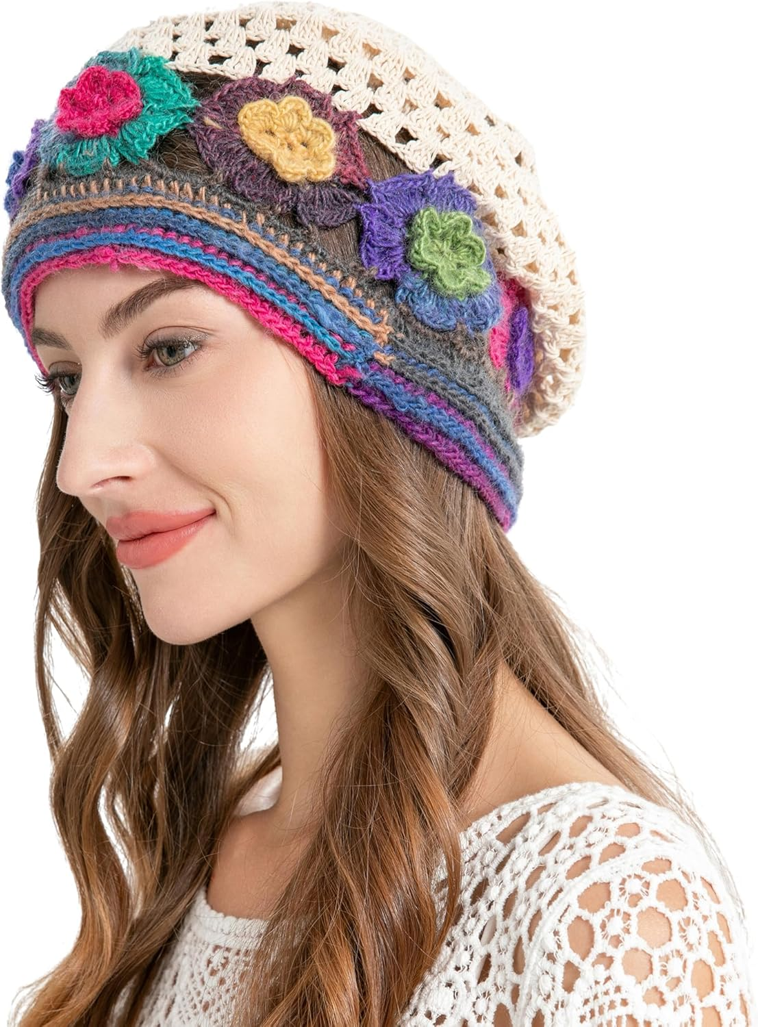 ZLYC Women Cotton Crochet Slouchy Beanie Hat Handmade Knit Cutout Summer Floral Skull Cap