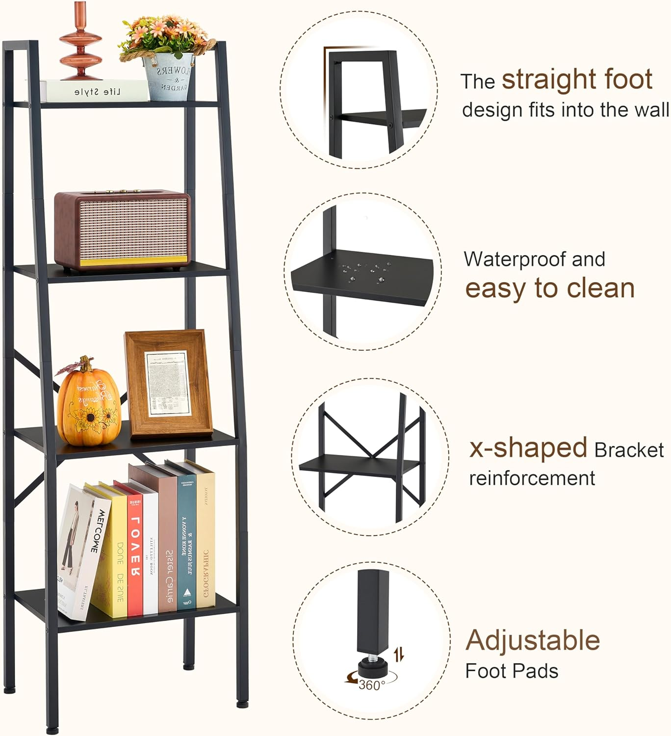 Hoctieon Ladder Shelf Bookcase, 4-Tier Ladder Bookshelf, Tall Bookshelf with Metal Frame, Industrial Bookshelf Ladder, for Living Room, Kitchen, Home Office, Bedroom, Simple Assembly, Black