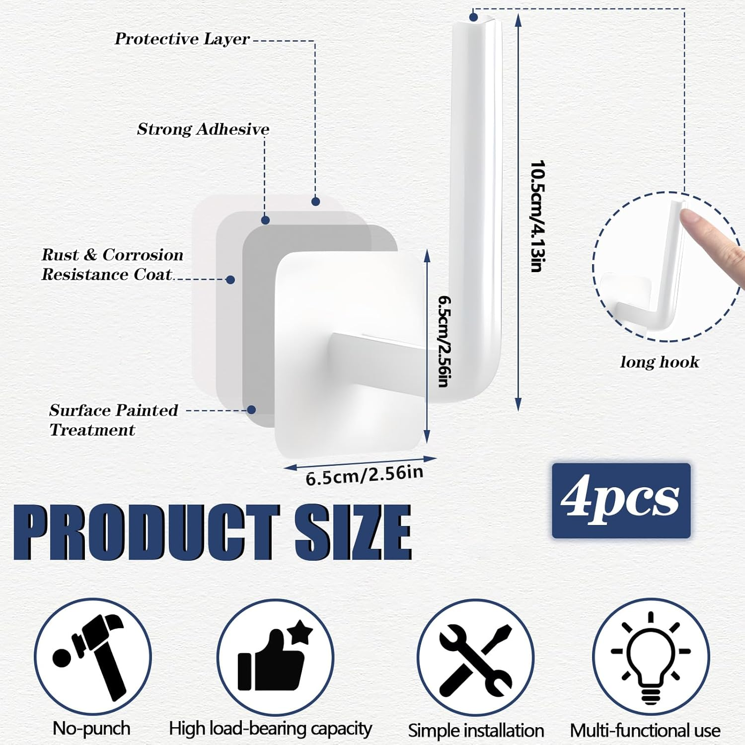 4 Pcs Curtain Holders, Self-Adhesive Hooks, L-Shaped Curtain Holdbacks, No Drill Curtain Pull Backs for Kitchen Living Room Office White image number 2