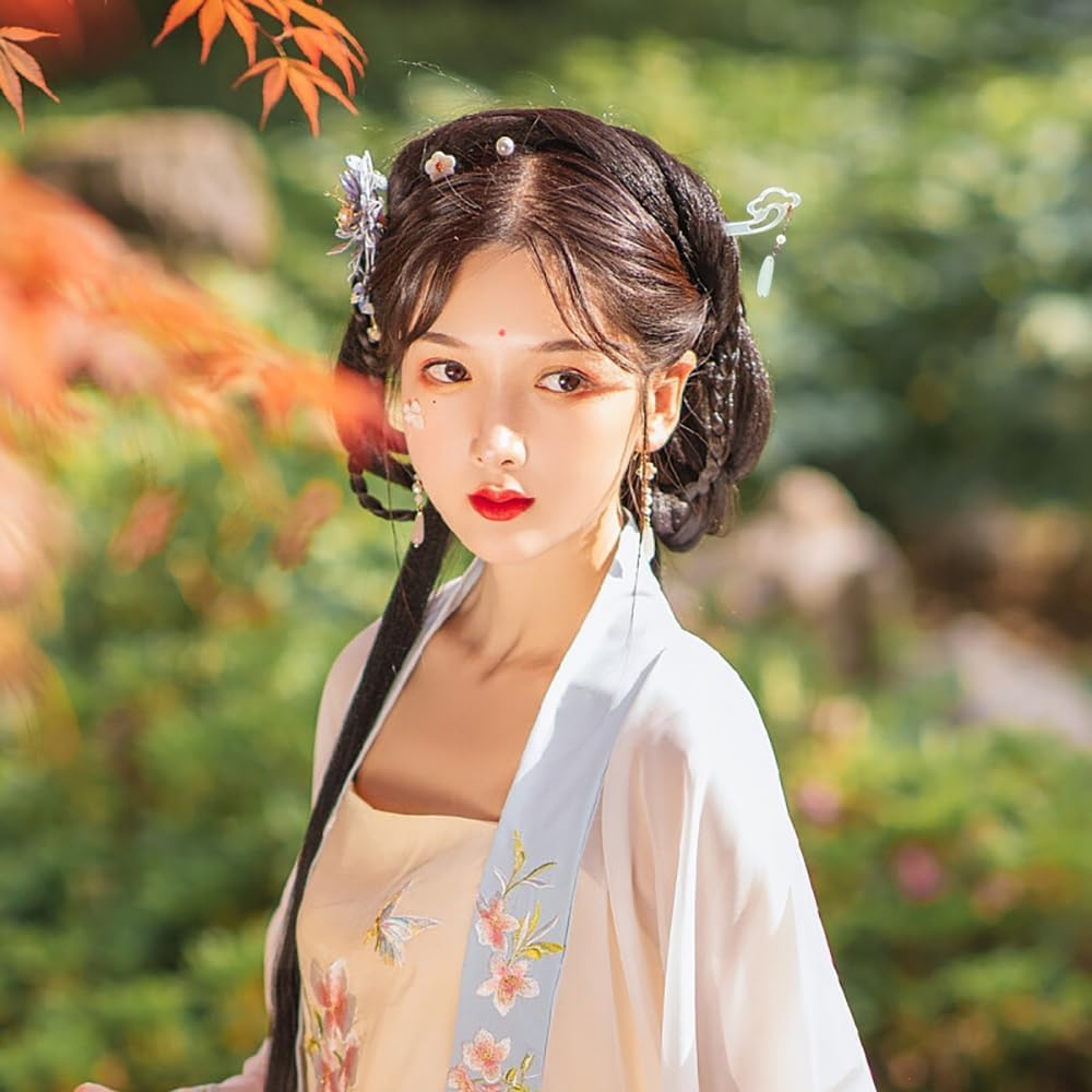 1 Pc Elegant Chinese Acetate Jade Hair Sticks for Long Hair,Hair Fork with Tassel Flower Pendent,Simple Hairpins for Cheongsam Braided Hairpins image number 4