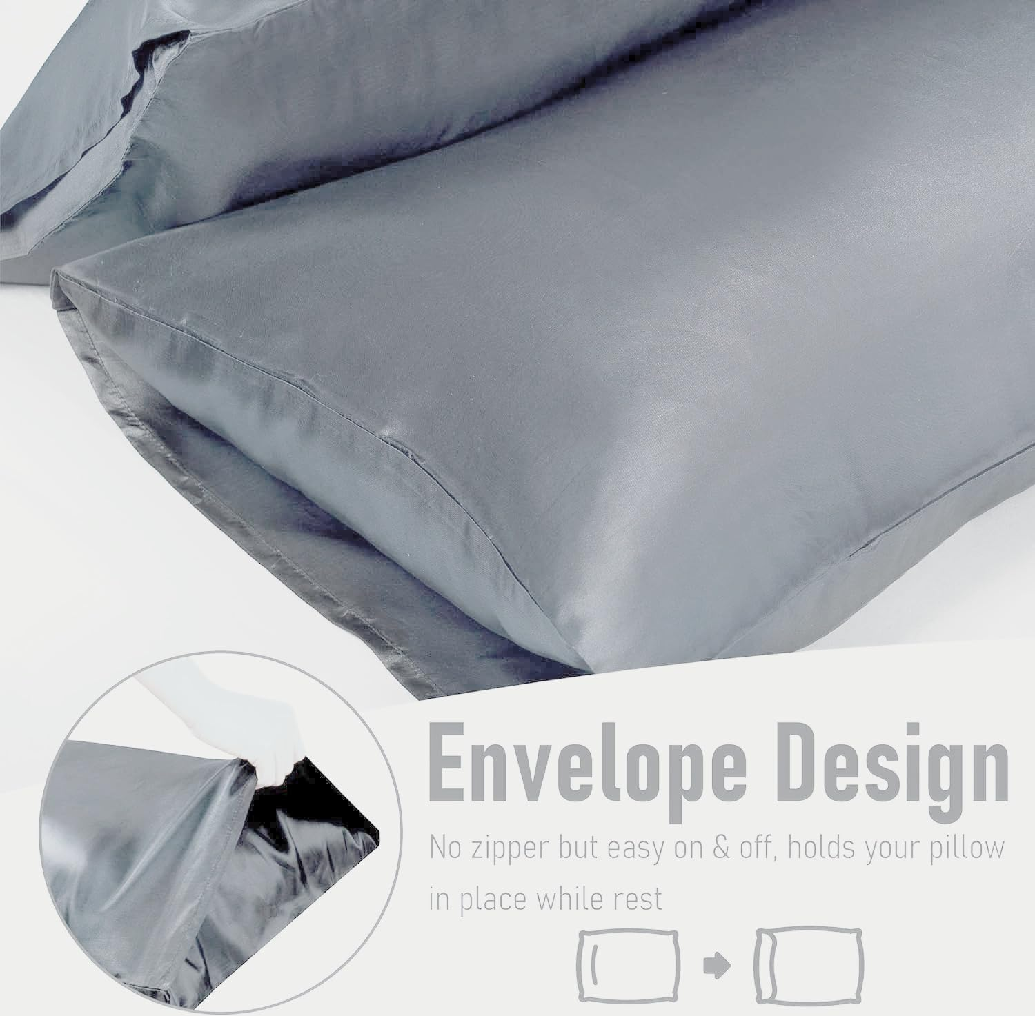 Satin Pillow Shams 2 Pcs Super Soft and Luxury Pillowcases (Standard 48Cm X73Cm, Gray) image number 3