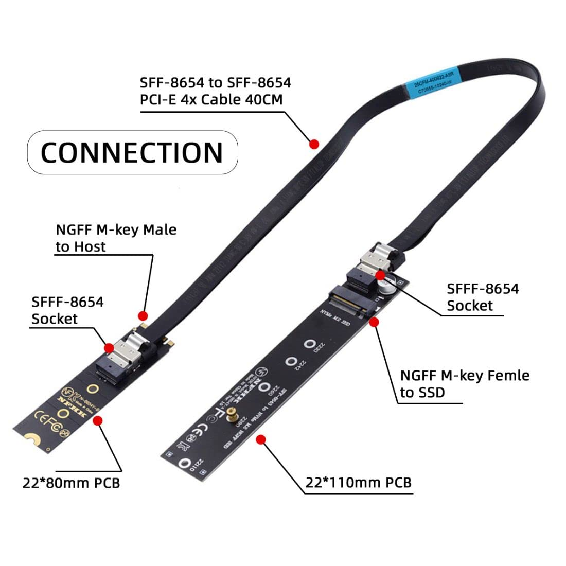 Chenyang CY M.2 NVME NGFF M-Key SSD Male to Female Extension Cable 40Cm with SFF-8654 Connector Adapter for Mainboard SSD 2280/22110 image number 4