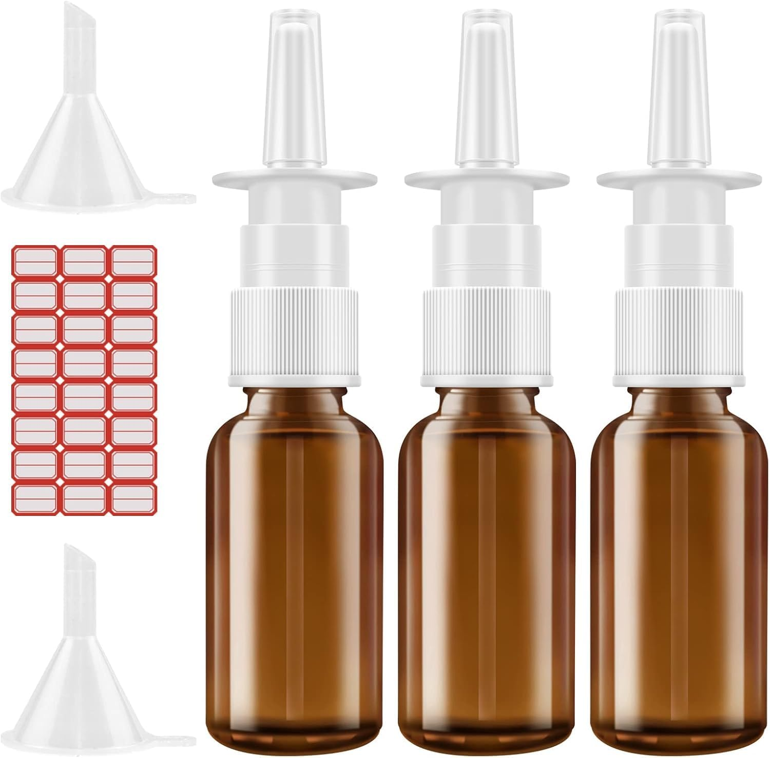 SOVYOULIVE Nasal Spray Bottle, 3 Pcs 30Ml/1Oz Glass Amber Empty Nose Spray Bottle, Small Refillable Nasal Sprayer with Funnels and Labels image number 1