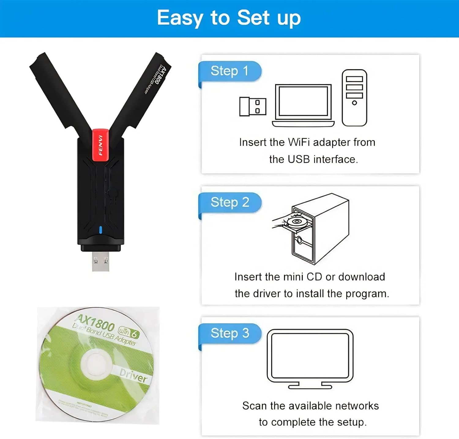 USB Wifi Adapter Wifi 6E Adapter, 5400Mbps Wireless Network Adapter, 2.4/5/6Ghz Tri Band USB 3.0 Wifi Dongle, for Desktop Laptop Pc High Speed AXE5400 Wifi 6E USB Network Adapters image number 6