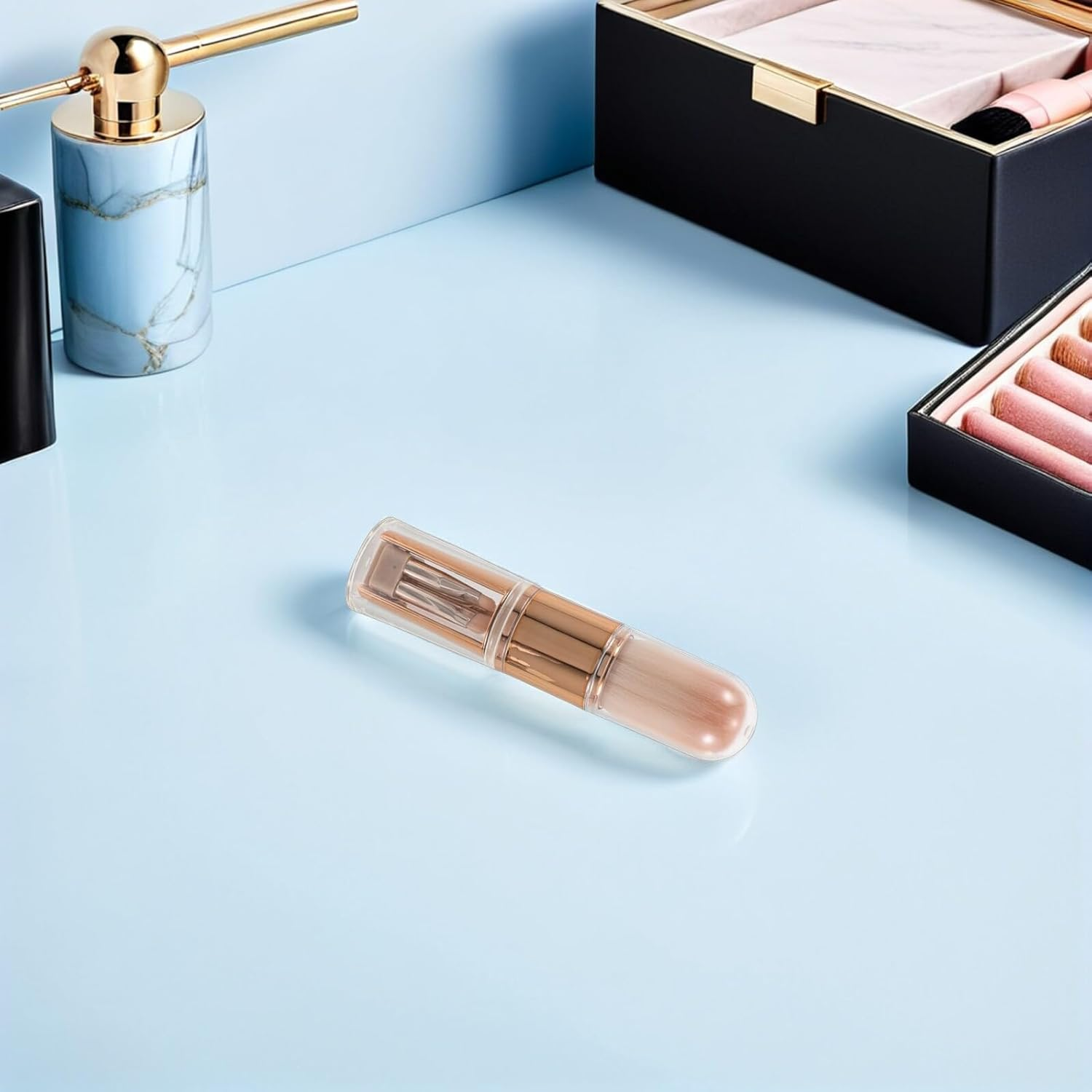 BELLIFFY Retractable 5-In-1 Makeup Brush Set Portable Blush Eyeshadow Concealer Brush with Silicone Head Rose Gold for Women image number 5