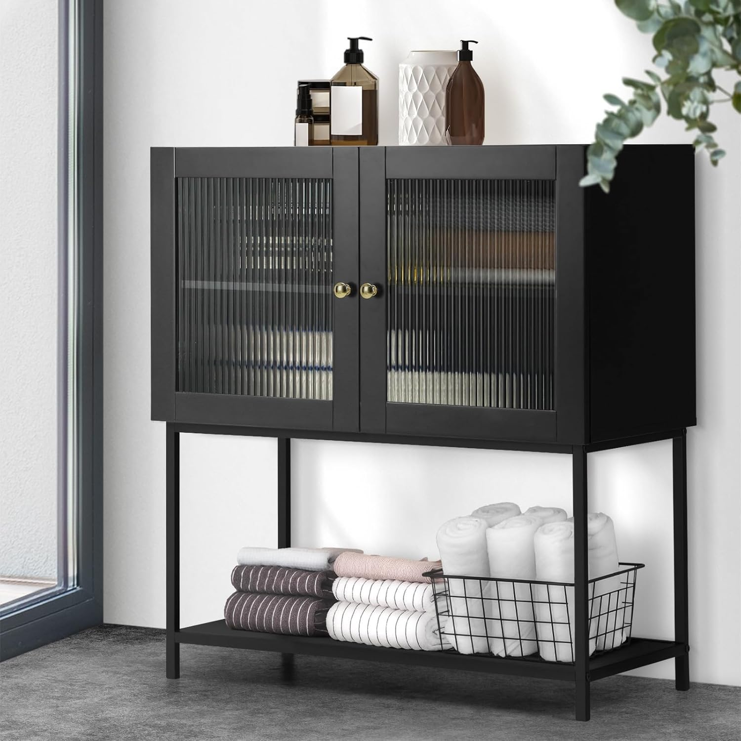 Oikiture Bathroom Cabinet with Tempered Glass Door Storage Floor Cabinet Cupboard Black image number 2