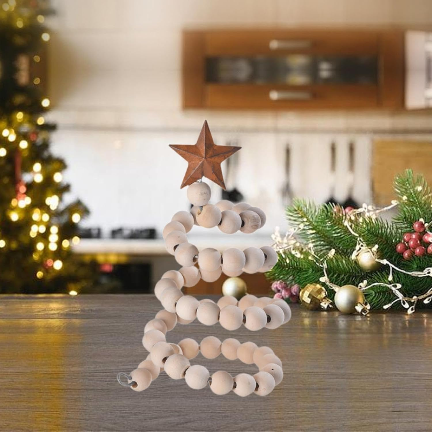 Generic Mini Desk Christmas Tree,Xmas Tree Wooden Bead Decorative Xmas Tree with Star Topper for Valentines Day Home Decor, Wood - White image number 3