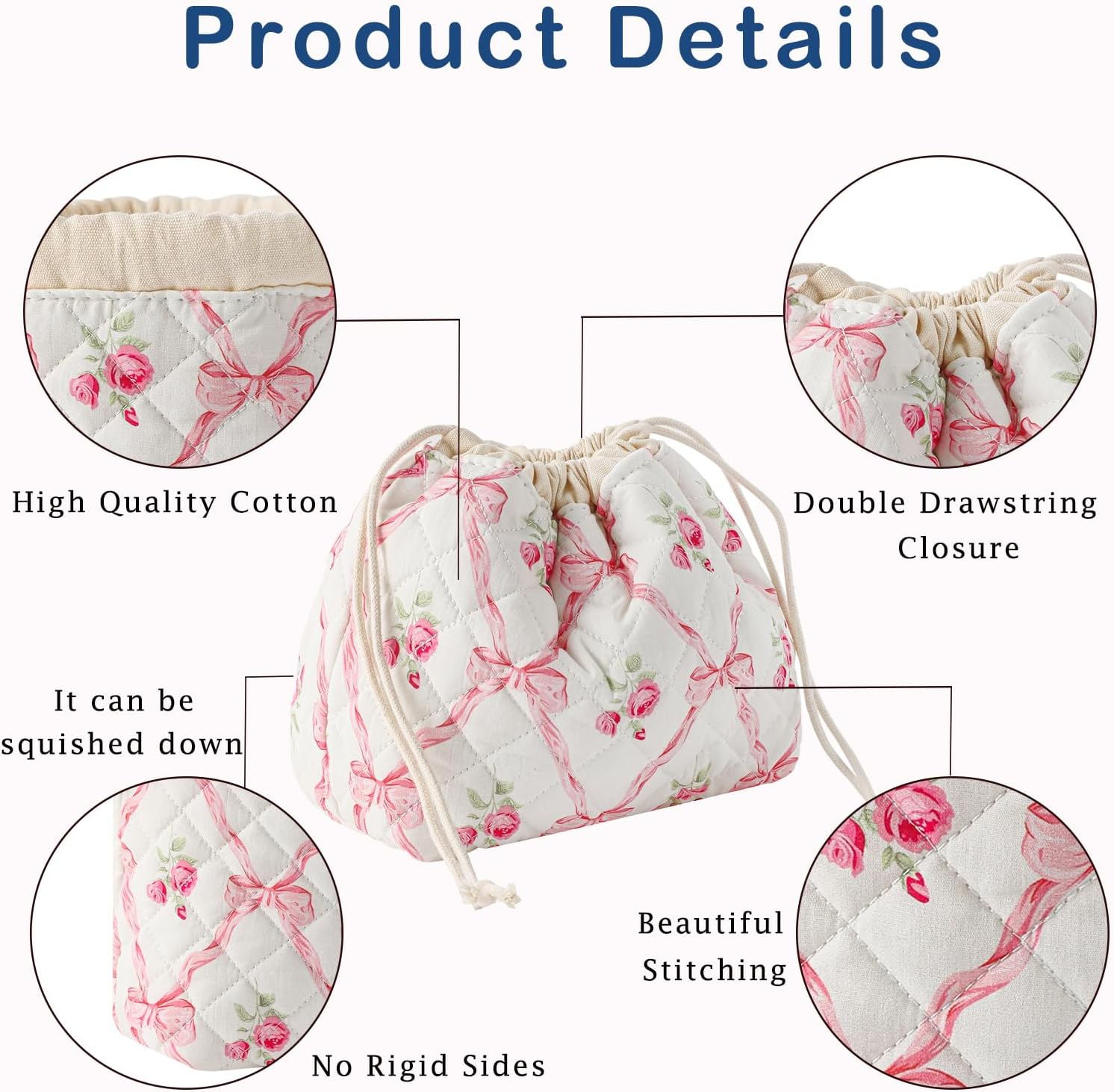 Cotton Quilted Drawstring Makeup Bag with Canvas Lining,Coquette Aesthetic Cute Travel Toiletry Bag,Drawstring Gift Bag for Women and Girls, 03Pink Bows - 03Pink Bows image number 4