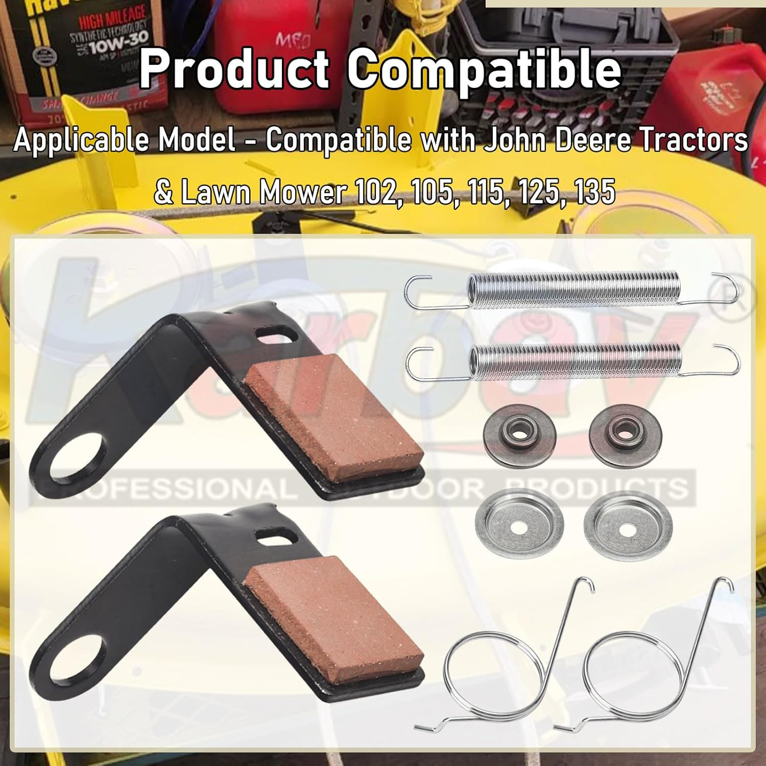 Karbay 2 Set Brake Pad Kit GY21943B GX20494 GX20515 for J-Ohn Deere 42'' L, D, X Series 100 105 115 100 110 120 125 130 Tractors & Lawn Mower - with Retainer & Torsion Spring BLACK image number 1