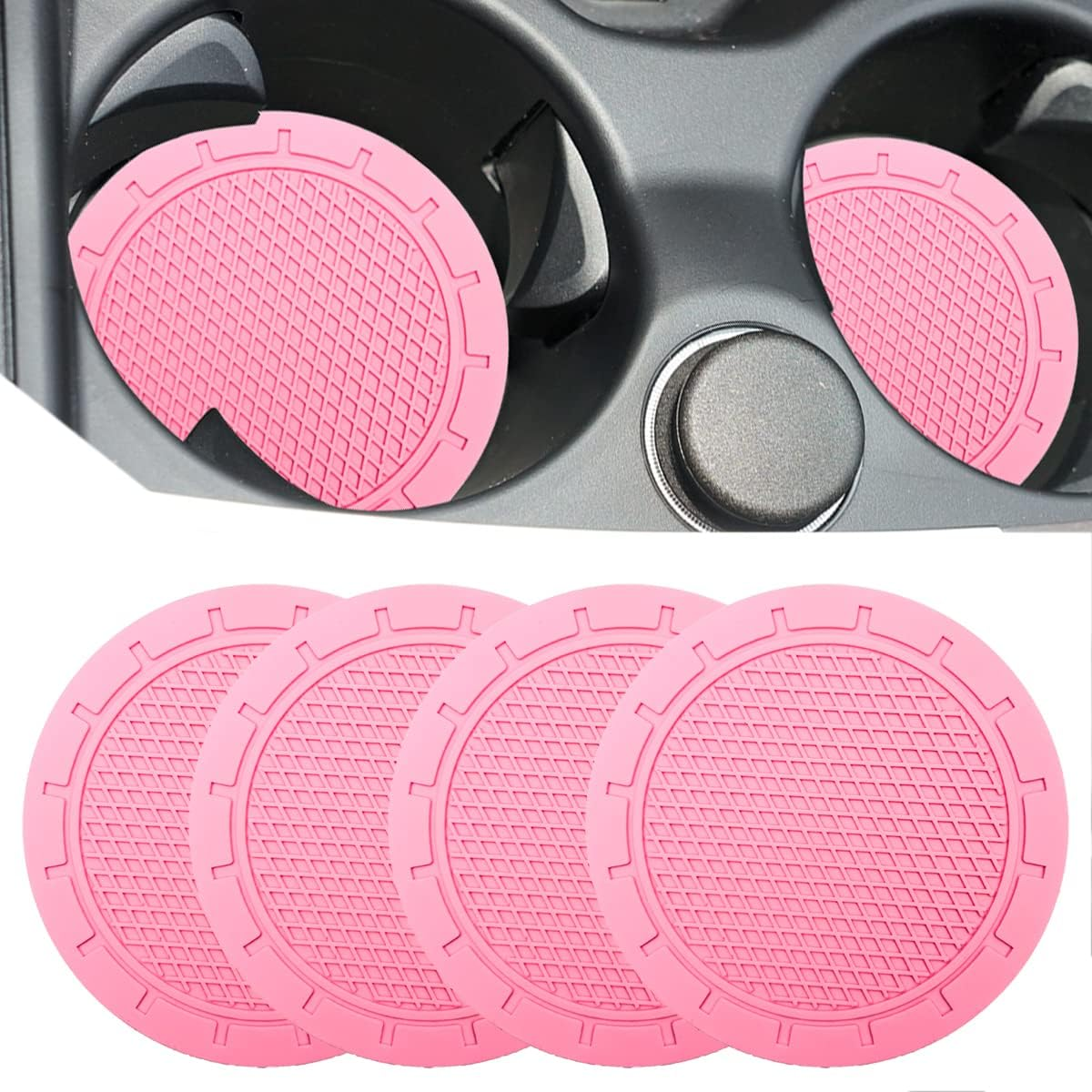 Cup Holder Coaster, 4 Pack 2.75 Inch Diameter PVC Non-Slip Universal Insert, Durable Car Accessory for Most Interiors, Suitable for Women and Men - Pink