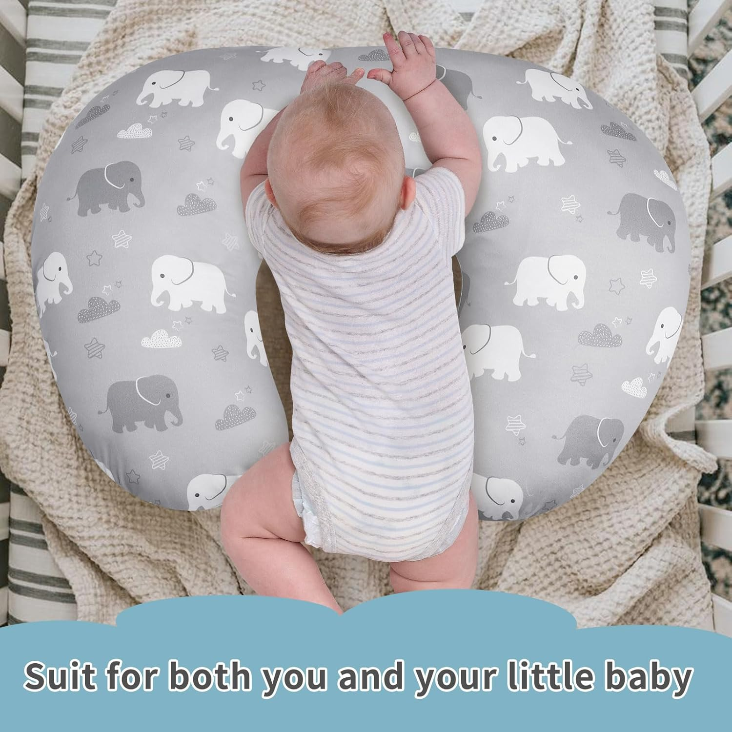 Baby Nursing Pillow, and Body Positioner for Breastfeeding and Bottle Feeding，Awake-Time Support with Removable Nursing Pillow Cover，Tummy Time Support for Baby Boys（Elephant） image number 2