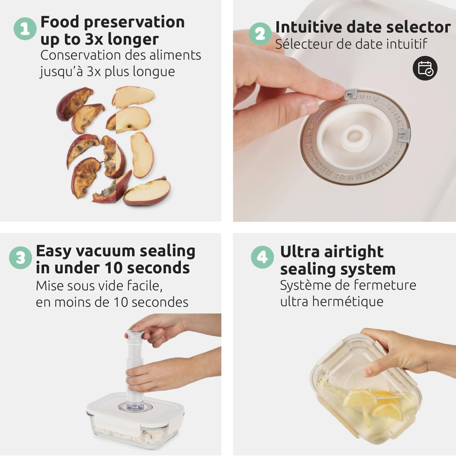 Pack of 3 Glass Vacuum Food Containers + Integrated Date Display and Pump image number 1
