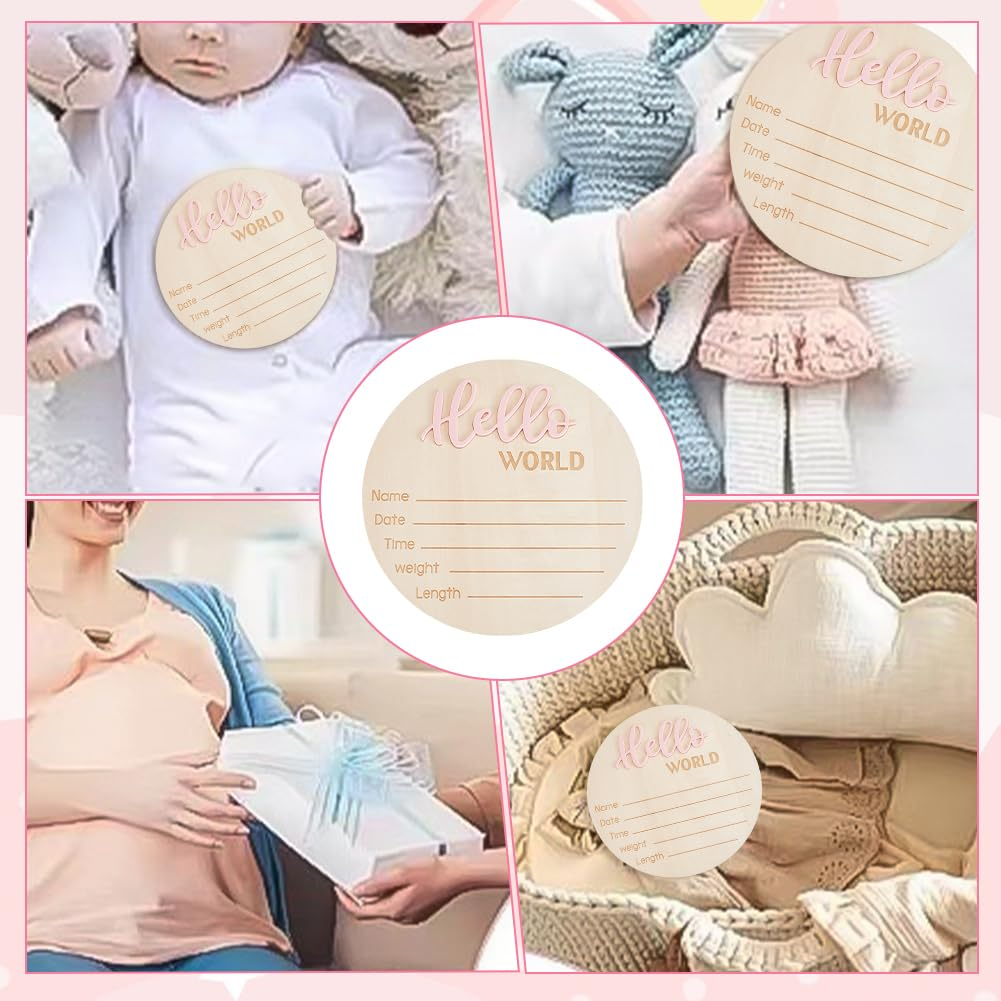 HOBBIESAY 3Pcs Pink Announcement Sign Wooden Hello World Newborn Welcome Board Stat Plaque Souvenir and Gifts for New Parents Home Hospital Nursary Decoration image number 5