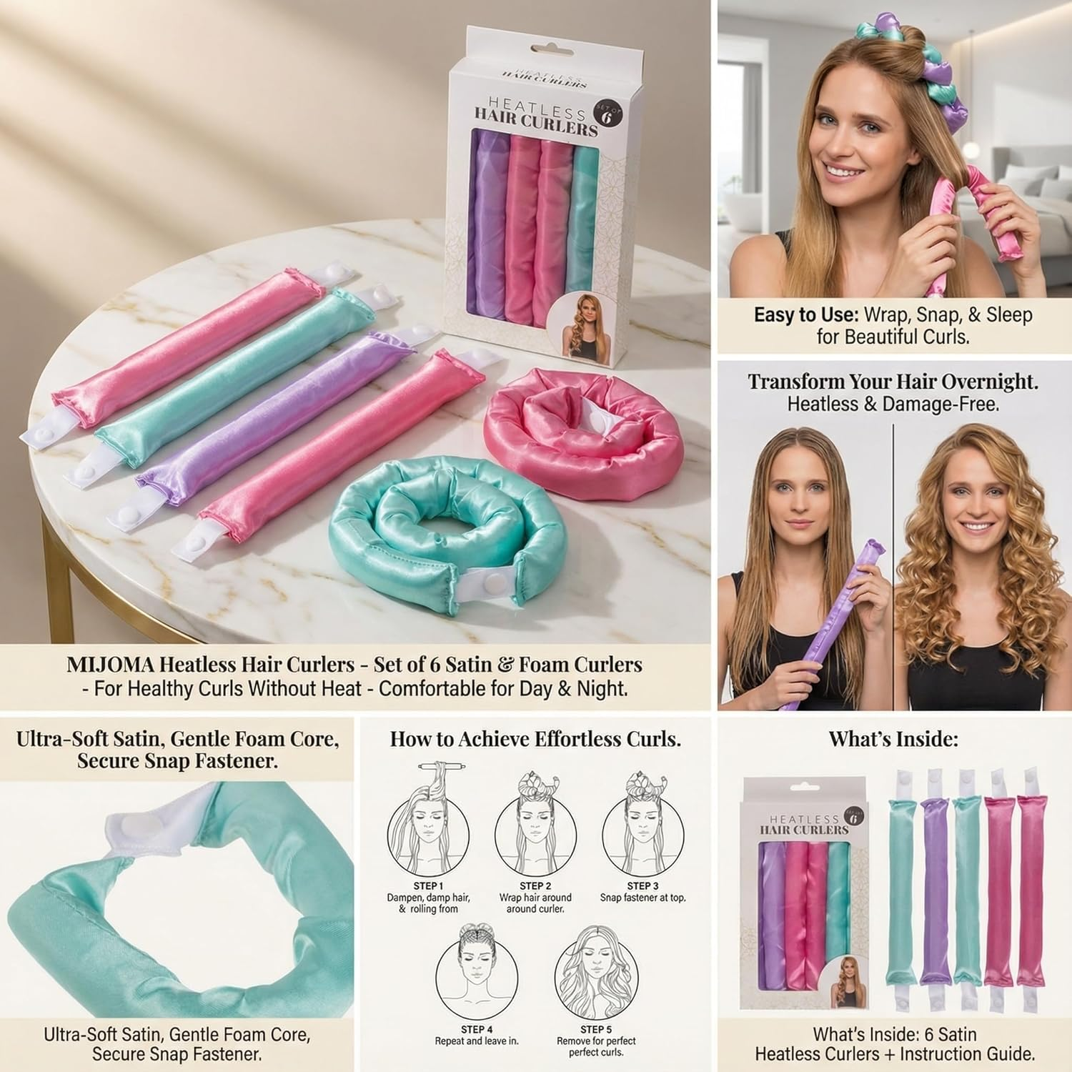 MIJOMA Heat-Free Curlers - Set of 6 Satin Curling Irons - for Healthy Curls without Heat - Soft Foam Curler for Day & Night - 22 Cm # image number 6