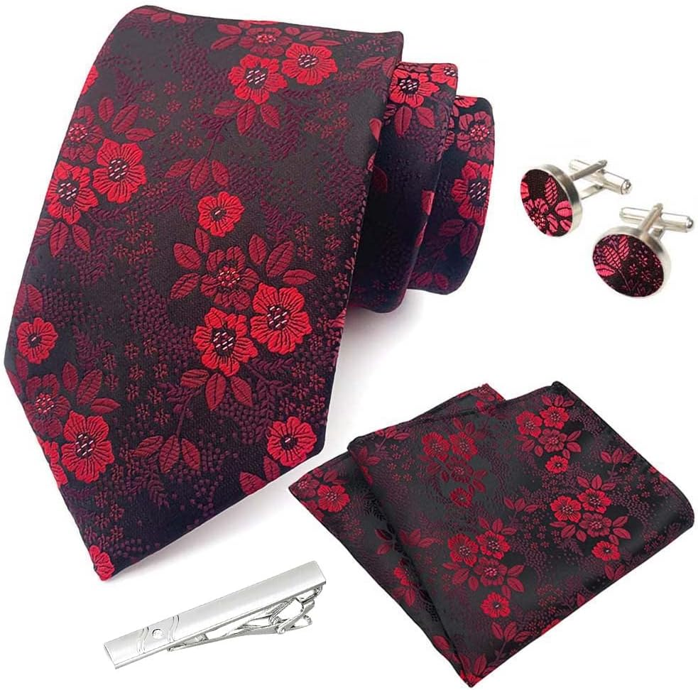 Men'S 8Cm Silk Fashion Floral Tie Hanky Cufflinks Clip Gift Box Bag Set Ac8888