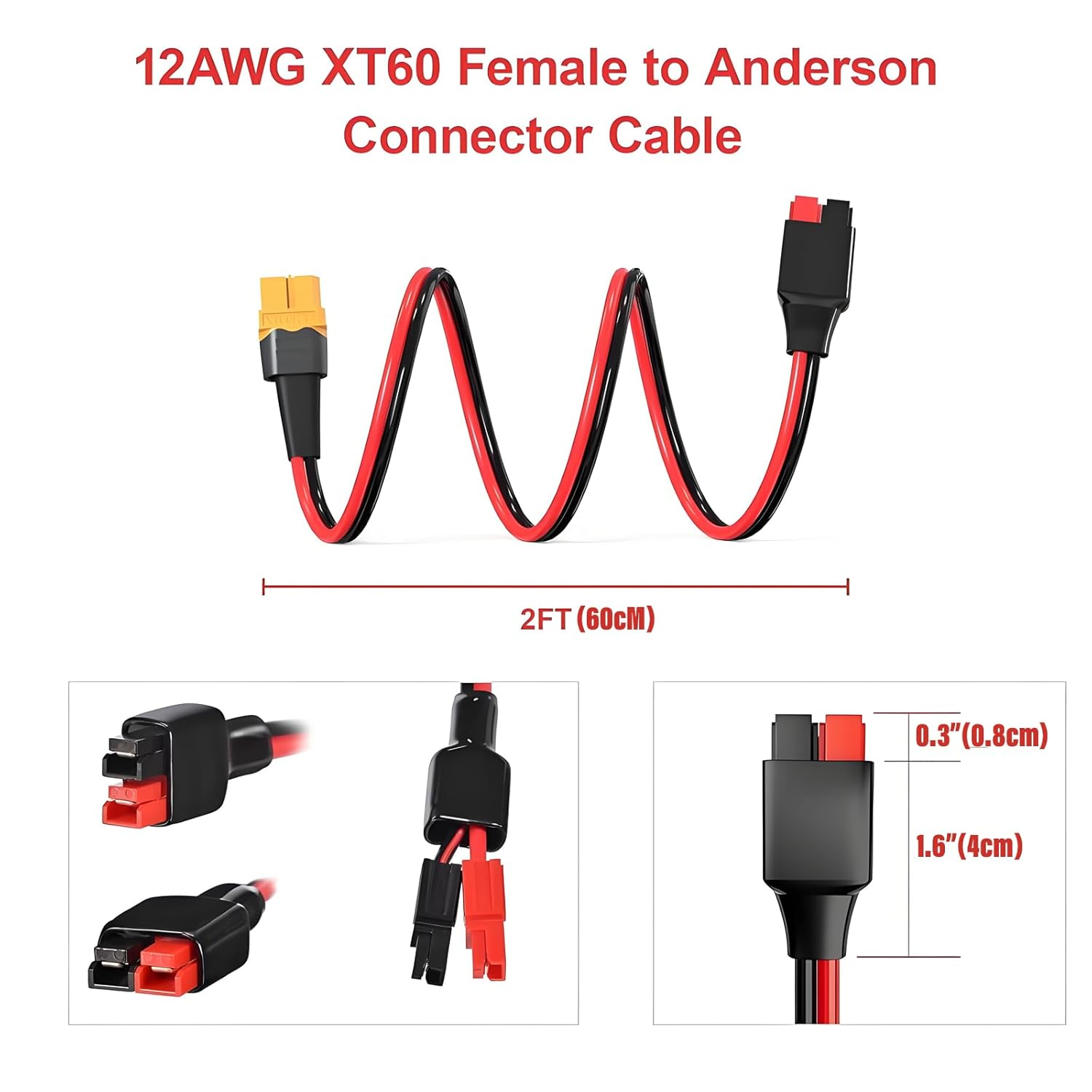 Yeanifeana XT60 to Anderson Adapter Cable 12AWG 2FT, 45A High-Current Female to Anderson Connector for RC Battery, Solar Panel, Portable Power Station, Durable Plug & Play Design image number 3