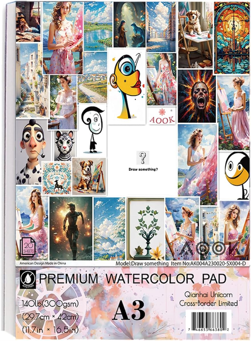 AOOK A3 Watercolor Paper Pad, 11.69X16.53 (140Lb/300Gsm) 20 Sheet Mixed Paper Mat, Top Packaging, Fine Texture, Suitable for Watercolor and Acrylic Art Mats (SX004 A3) image number 6