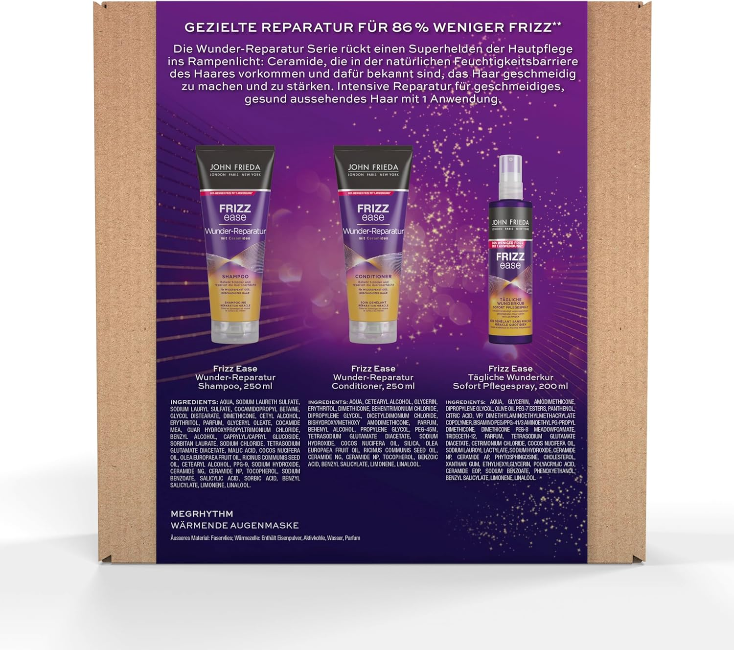 John Frieda Frizz Ease Wonder Repair Value Kit - Shampoo, Conditioner, Instant Care Spray and Megrhythm Eye Mask - Feel-Good Program for Home