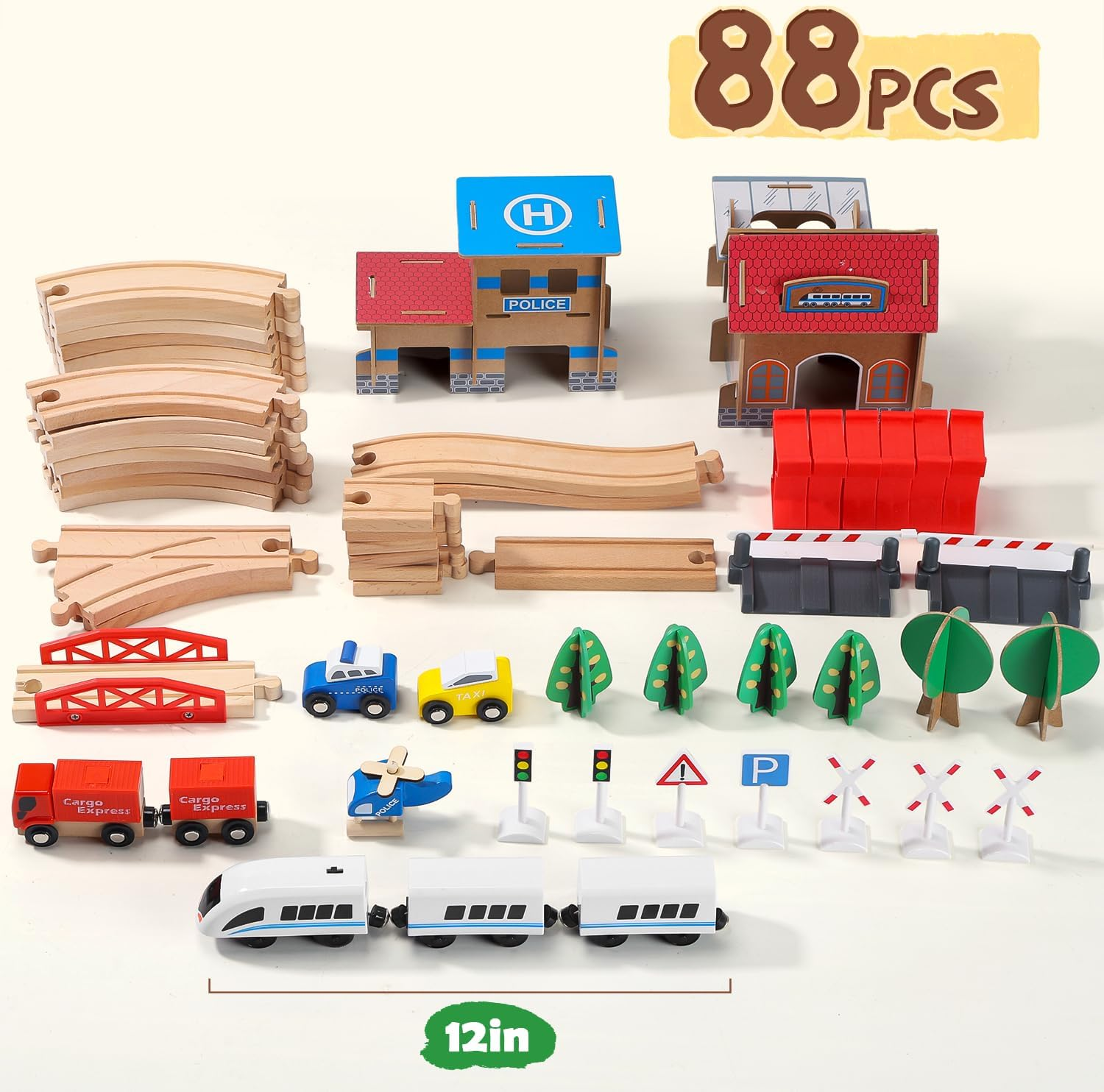 HOLYFUN Electric Wooden Train Toy Set for Toddlers, 88 PCS Train Track Toys with Cars & Accessories, Railway Set for 3 4 5 Years Old Kids, Boys and Girls