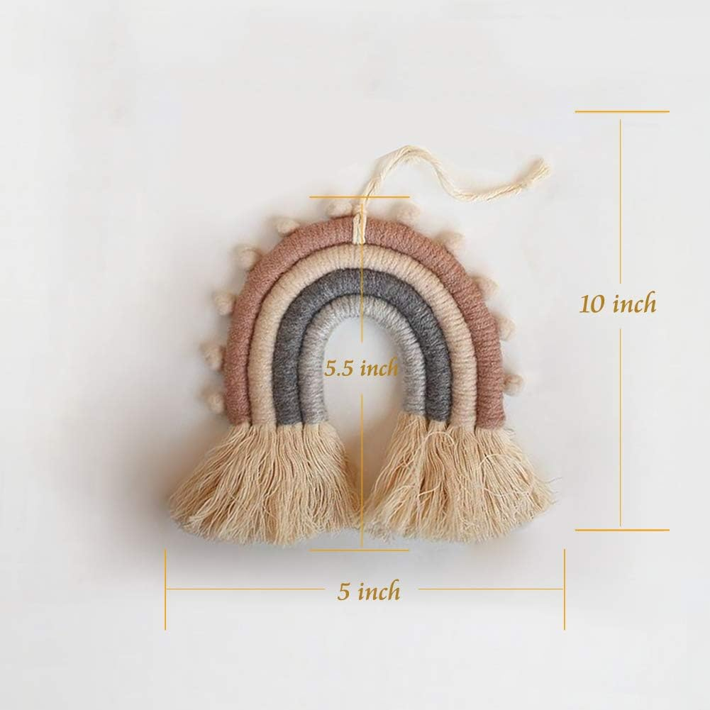 Rainbow Macrame Wall Hanging, Nursery & Home Wall Decor, Bohemian (Pom Pom Trim, 5X5.5X0.39In) image number 5