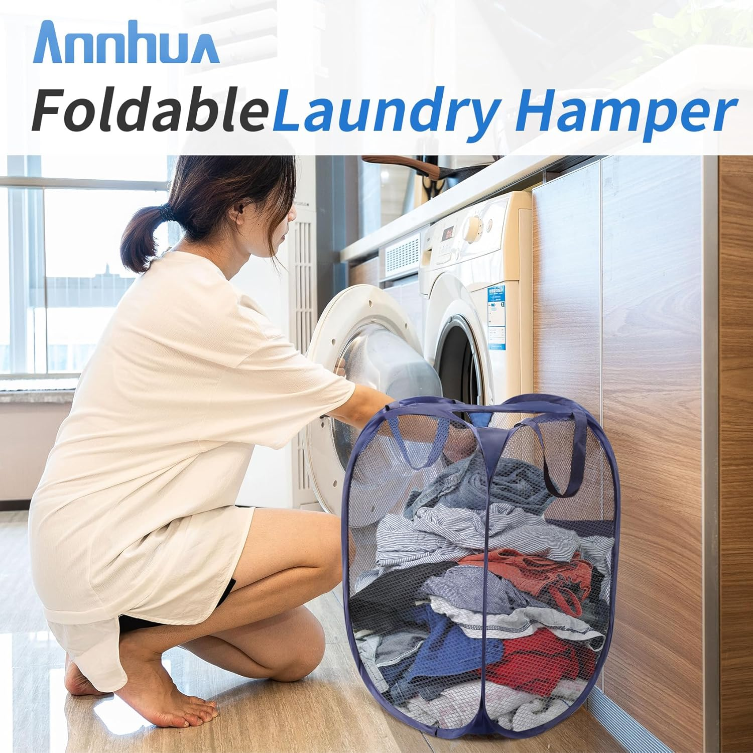 Annhua Collapsible Laundry Basket 75L Mesh Hamper with Handles, Portable Washing Bin with round Opening for Home, Travel & Bathroom - White image number 1