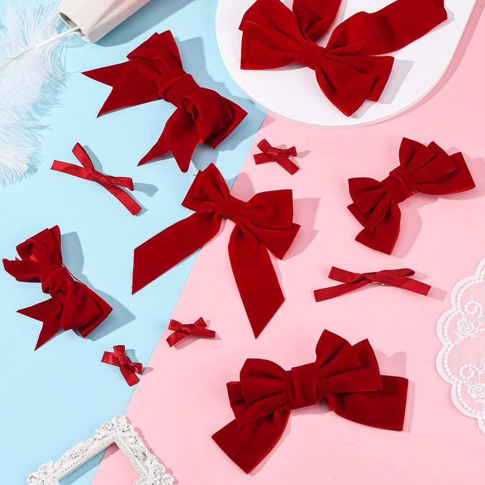 SOFPLATE 1 Box 8 Styles 26 Pieces Coquette Hair Clips with Bow Red Coquette Bows Soft Silky Ribbon Cute Aesthetic Bow Clips for Women Gifts Party Wedding Home Daily Hair image number 1