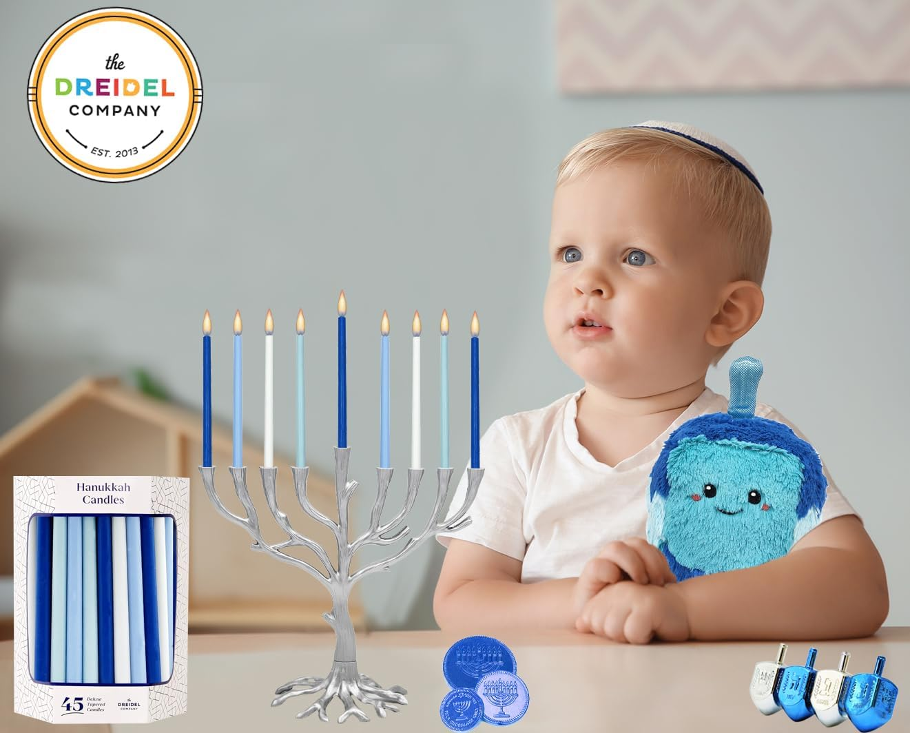 The Dreidel Company Deluxe Tapered Pastel Blue and White Hanukkah Menorah Candles for All 8 Nights of Chanukah - Muted Rainbow image number 7