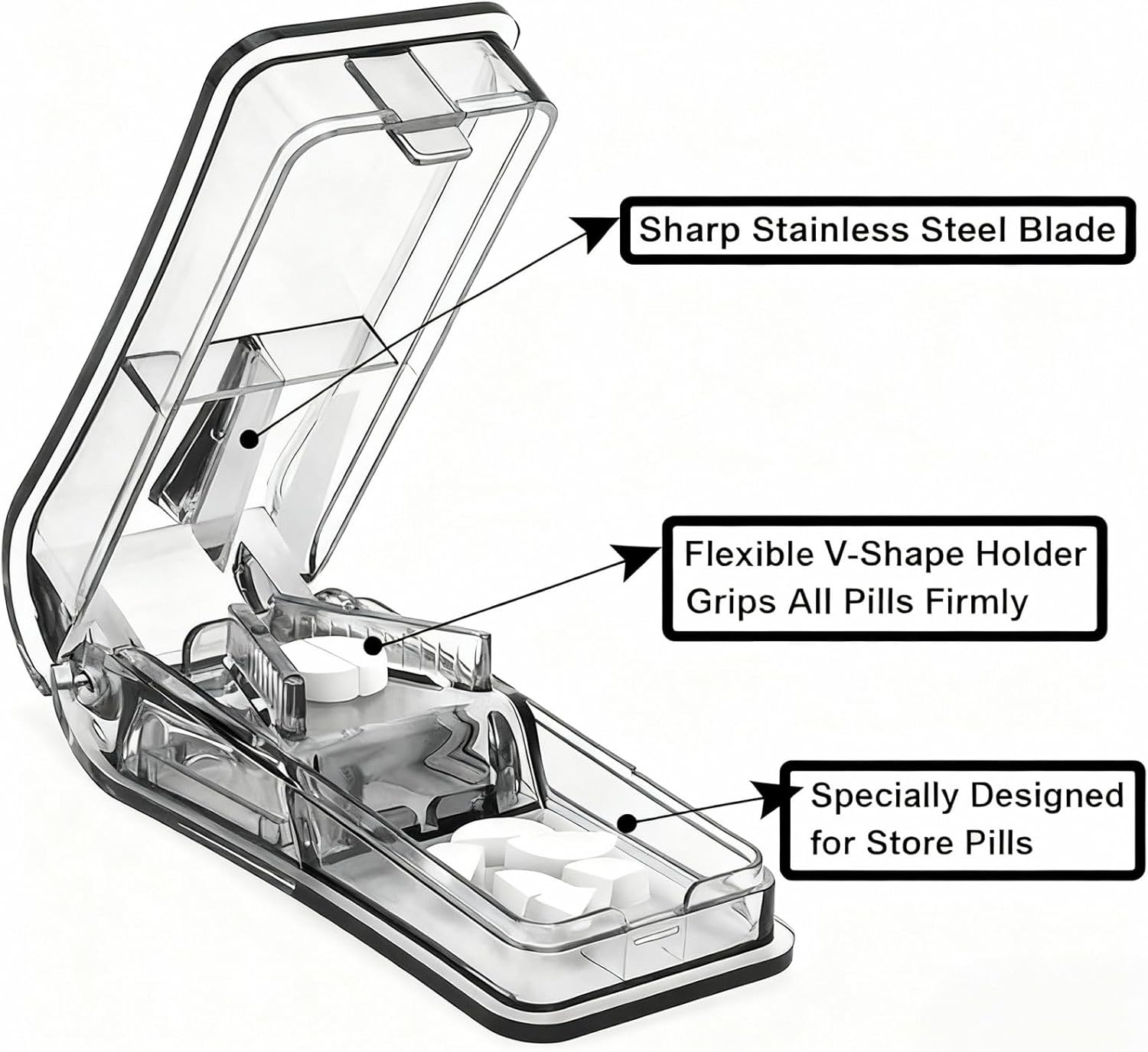 Pill Cutter with V-Clip & Brush - Tablet Splitter for Small and Large Pills, Precise Quarter or Half Cuts for Elderly, Pets - Food Grade Safe & Portable Medicine Cutter (Black)