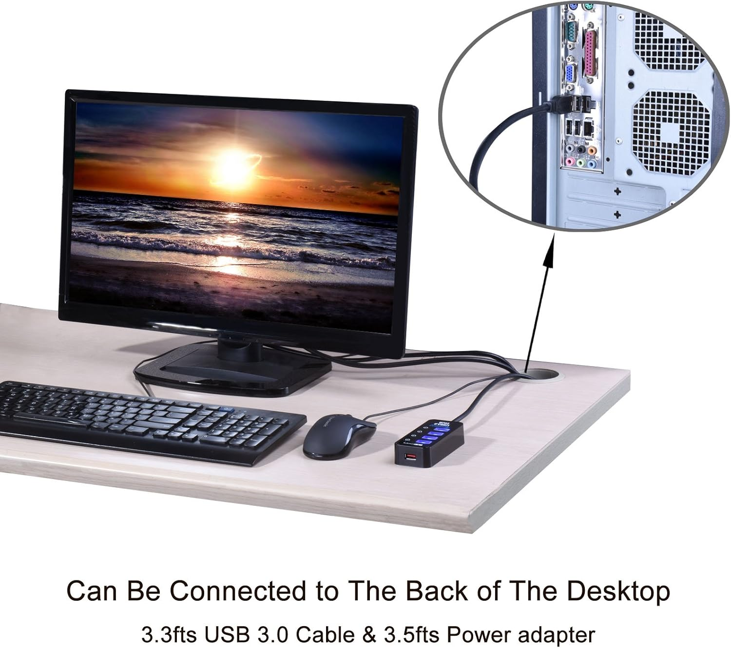 Tendak USB 3.0 Hub with 4 USB 3.0 Data Ports + 1 USB Smart Charging Port and Power Supply Adapter with Individual On/Off Port Switches image number 1