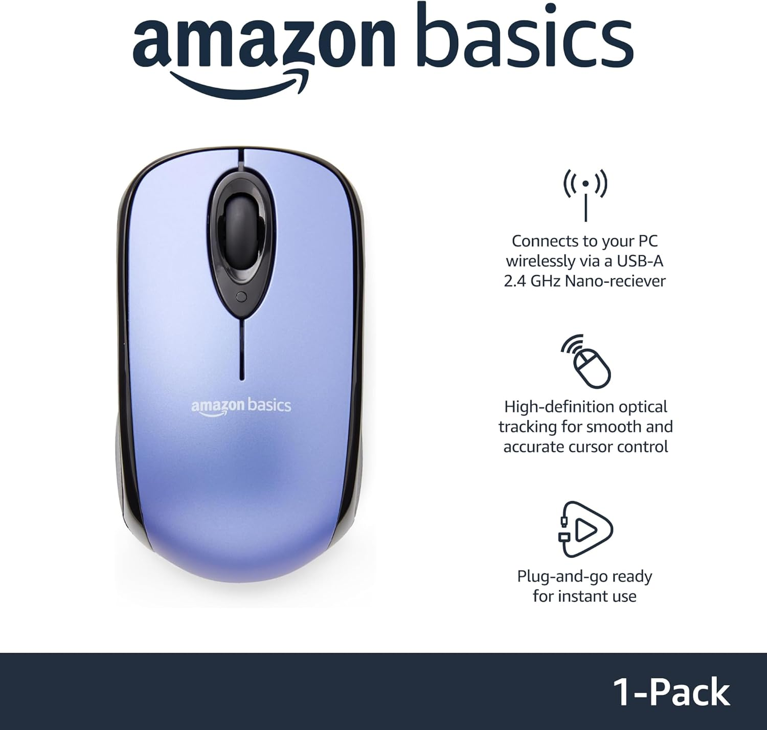 Amazon Basics Wireless Computer Mouse with Nano Receiver - Blue image number 6