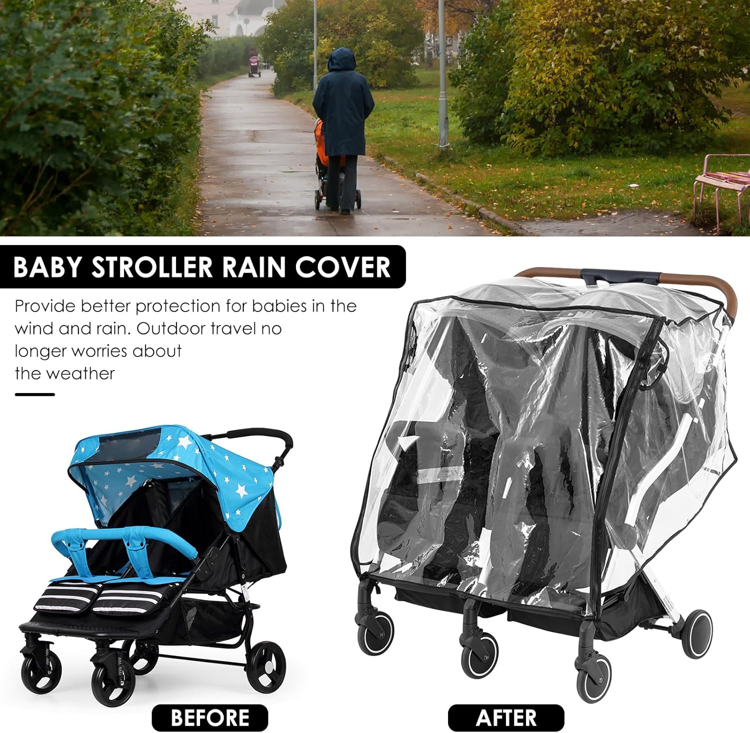 Double Stroller Rain Cover Universal Rain Cover for Side by Side Baby Stroller Stroller Raincoat Transparent Twins Stroller Cover Baby Outdoor Accessories for Outdoor image number 5