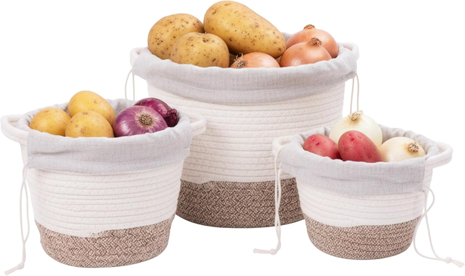 Relaxdays Potato Storage, 3-Pack, Potato Bags with Handles, Cotton & Polyester, Different Sizes, White/Beige image number 3