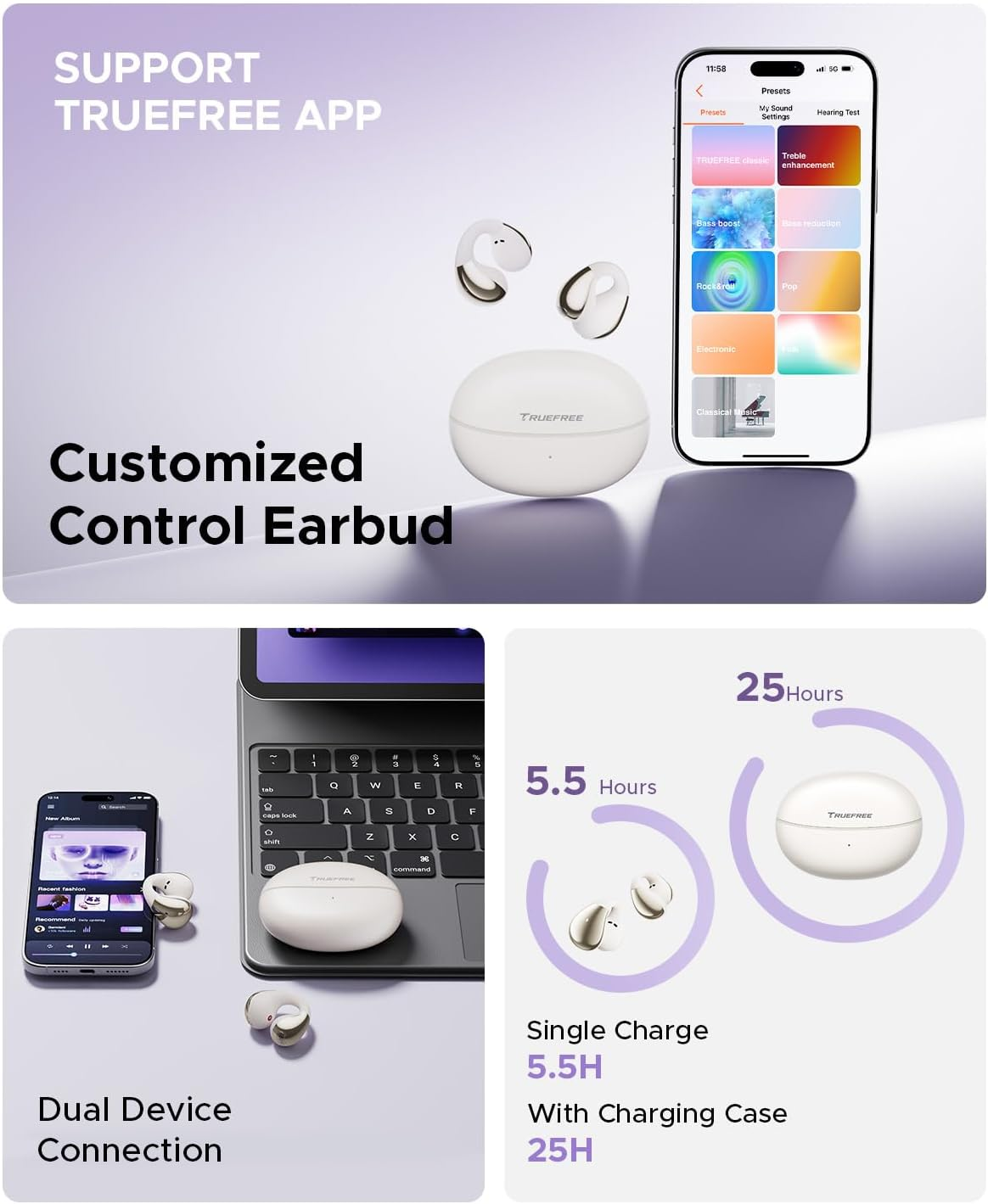 TRUEFREE B1 Open Ear Wireless Earbuds，Clip on Bluetooth 5.4 Headphones with Dynamic Bass, 4 Mics for Clear Calls, Dual Connection, Lightweight & Secure Fit, Ideal for Sports & Workouts, APP Control image number 5