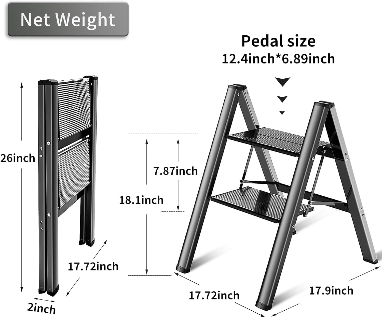 Step Ladder Folding 2 Step Stool Aluminium Anti-Slip Wide Pedal Portable Stepladder Storage Shelf Rack Home Kitchen Lightweight Ladders,Black