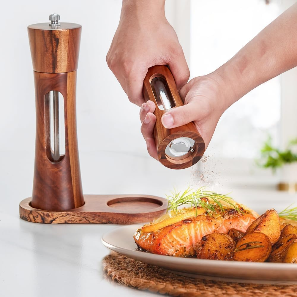 8 Inch Acacia Wooden Salt and Pepper Grinder Set with Tray, Manual Salt & Pepper Shakers with Adjustable Coarseness, Salt and Pepper Mills image number 5