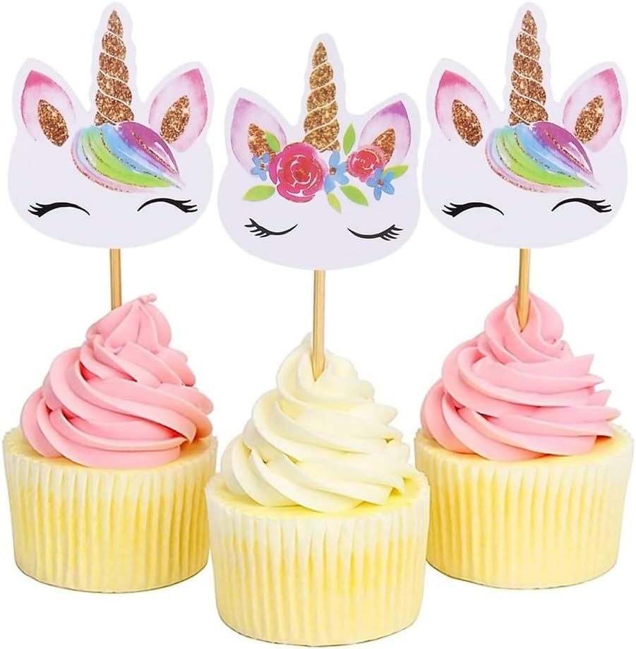 Unicorn Cake Toppers,24 Pcs Unicorn Cupcake Toppers Cake Decorations Double Side Birthday Cupcake Topper,For Girls Kids Women Baby Shower Unicorn Themed Party Supplies image number 1