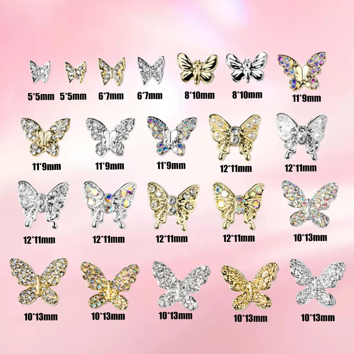 Butterfly Nail Charms,22Pcs Mixed 3D Metal Butterfly Nail Rhinestones Charms,Shiny Nail Gems Jewels Studs for Nail Art Design Decorations DIY Crafts Gold Silver