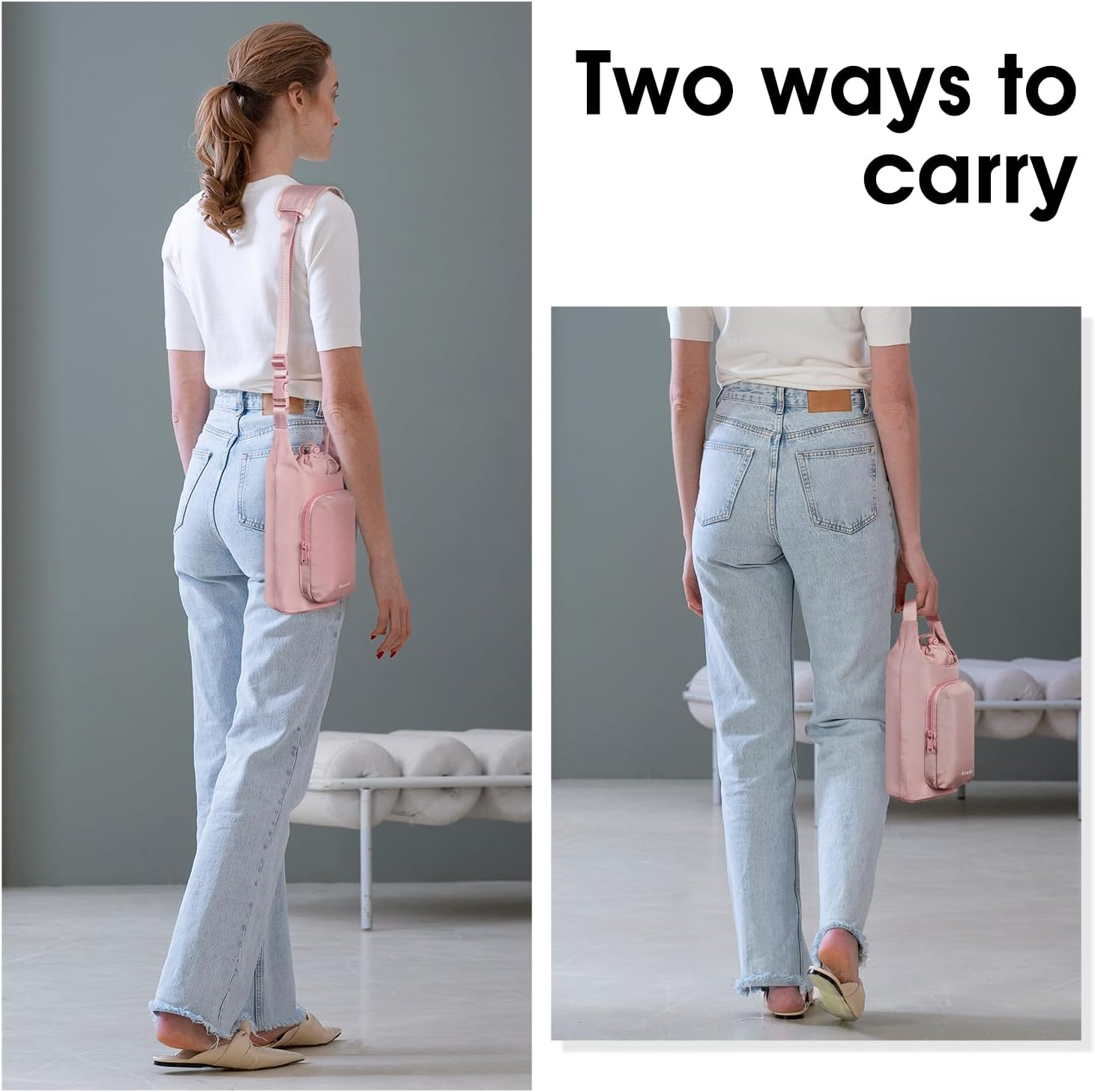 Ceneda Water Bottle Carrier Bag with Phone Pocket 32Oz 40Oz Tumbler Insulated Water Bottle Holder with Adjustable Shoulder Strap Carrier Sling Bag (Pink) - Beige image number 2