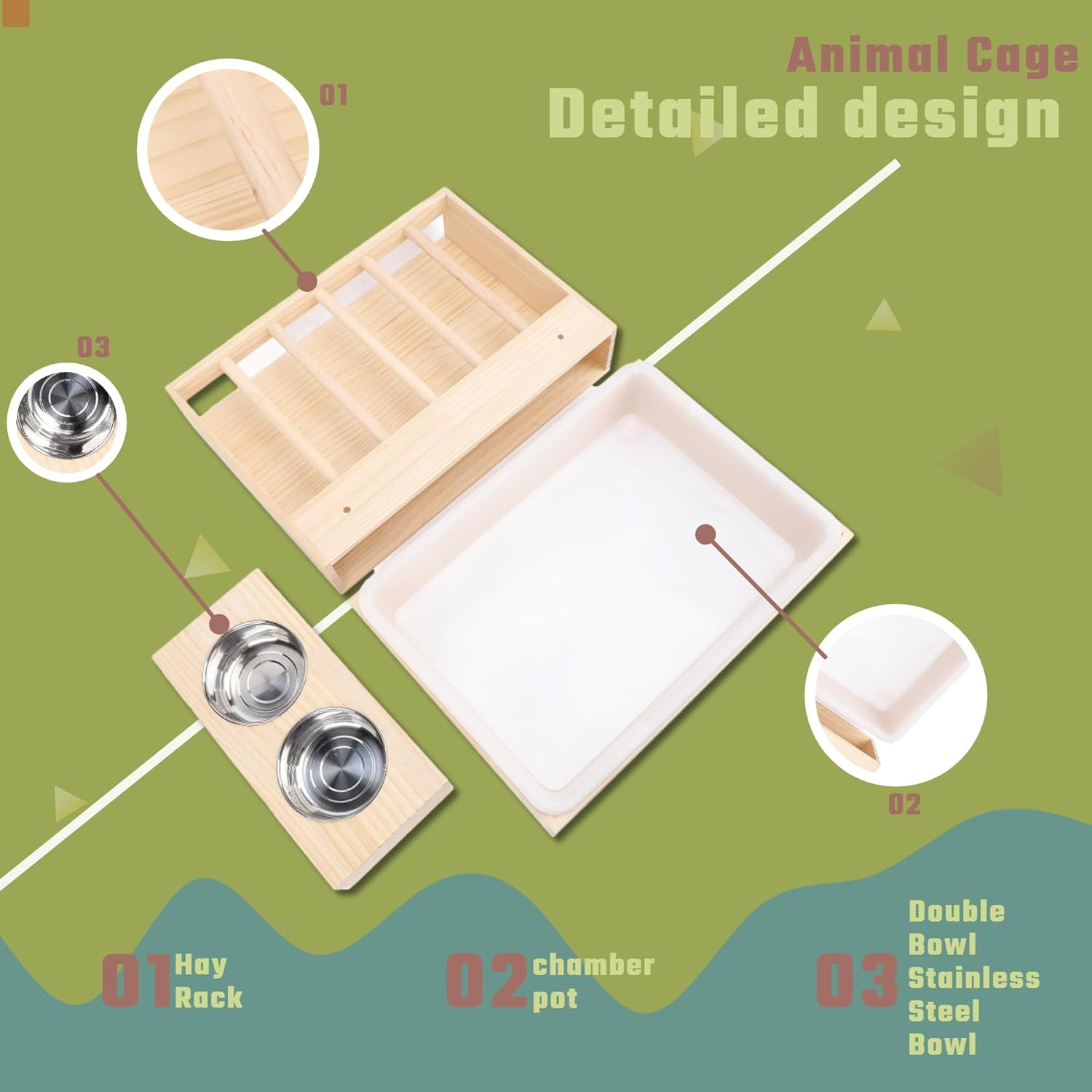 Rabbit Hay Feeder with Litter Box 2 Stainless Steel Bowls Mess Proof Wooden Bunny Feeding Manger for Chinchillas Hamster Small Anima image number 3